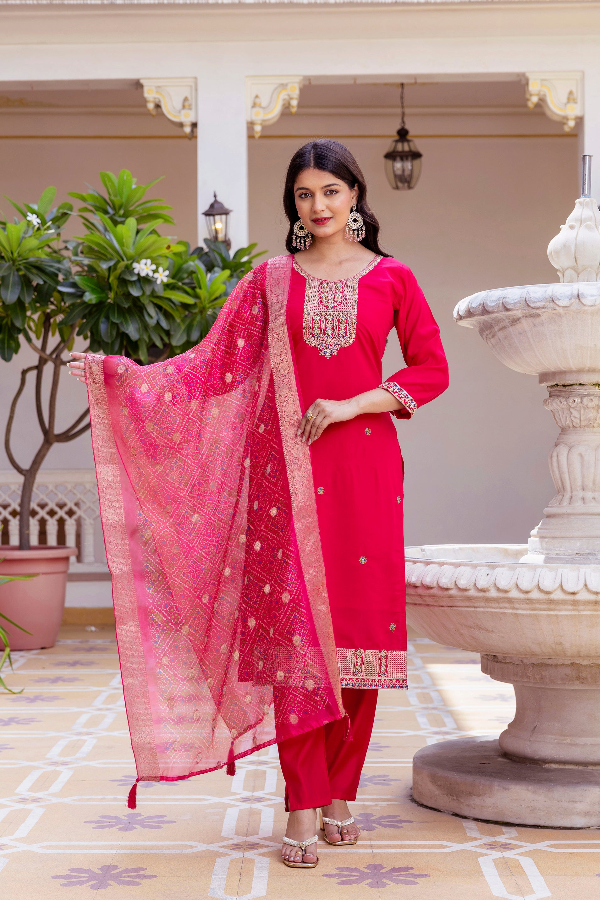 Rani Pink Viscose Chanderi Embroidered Kurta Set