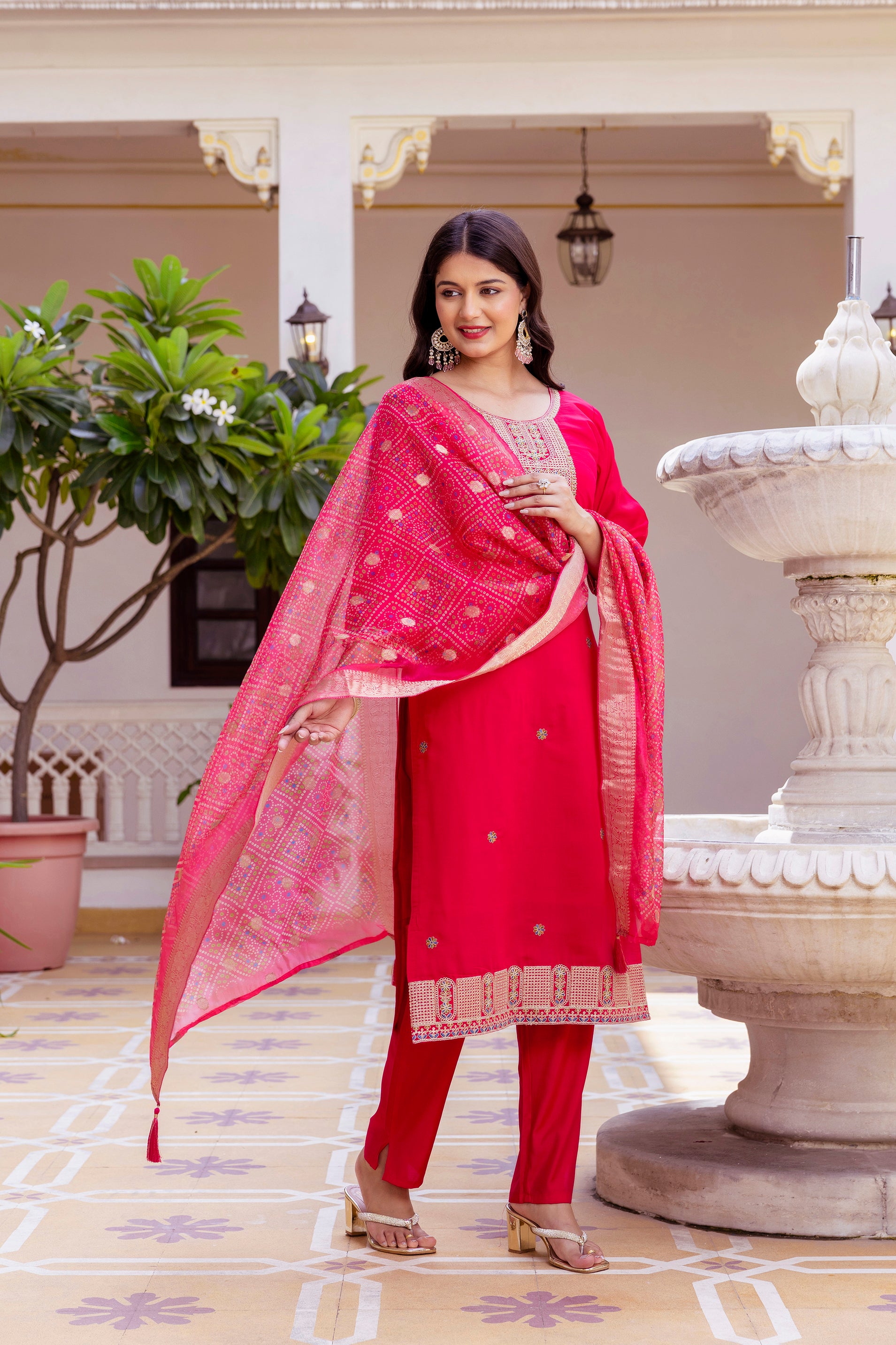 Rani Pink Viscose Chanderi Embroidered Kurta Set