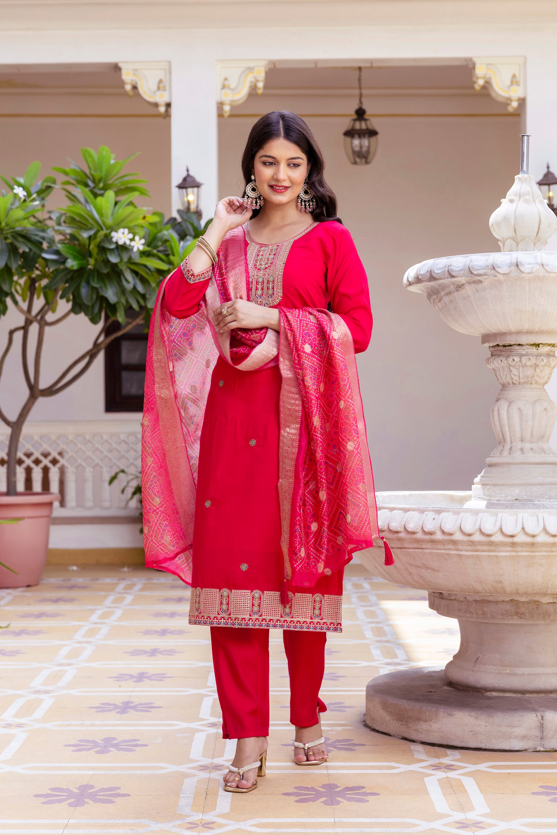 Rani Pink Viscose Chanderi Embroidered Kurta Set