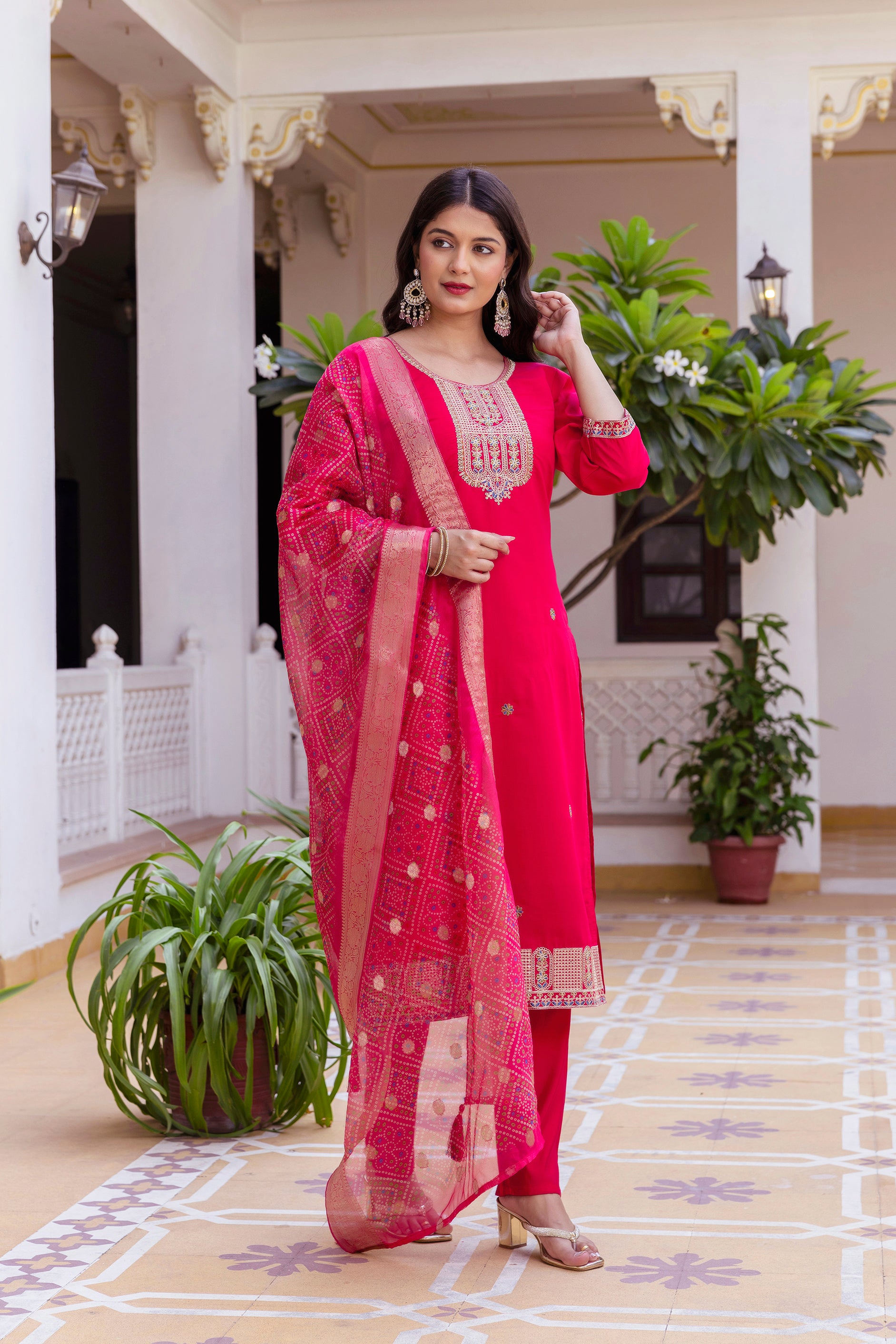 Rani Pink Viscose Chanderi Embroidered Kurta Set