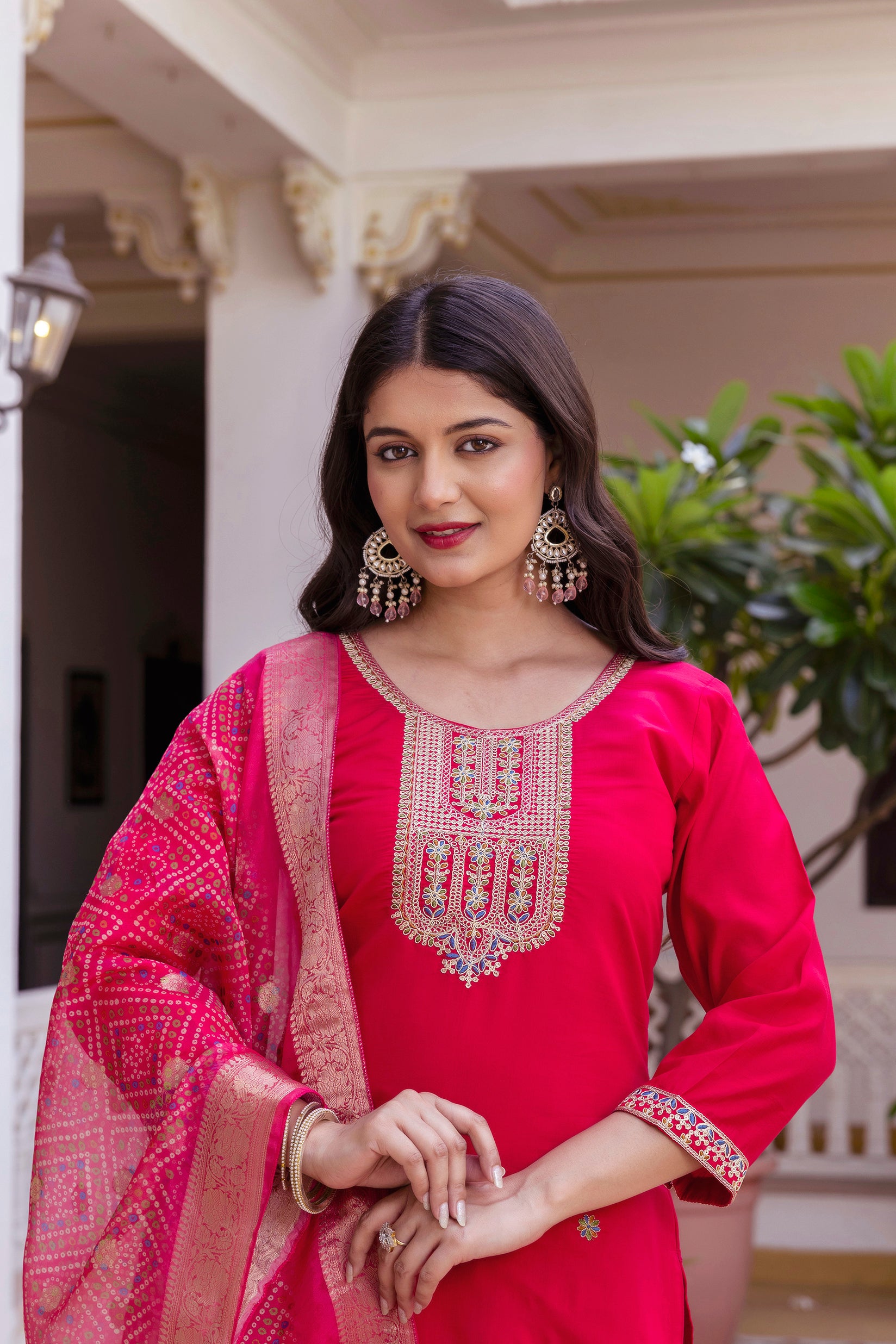 Rani Pink Viscose Chanderi Embroidered Kurta Set