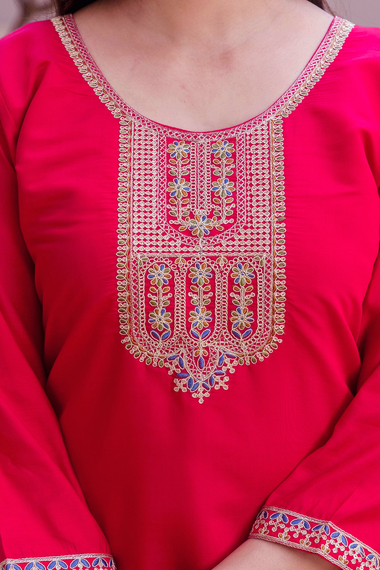 Rani Pink Viscose Chanderi Embroidered Kurta Set
