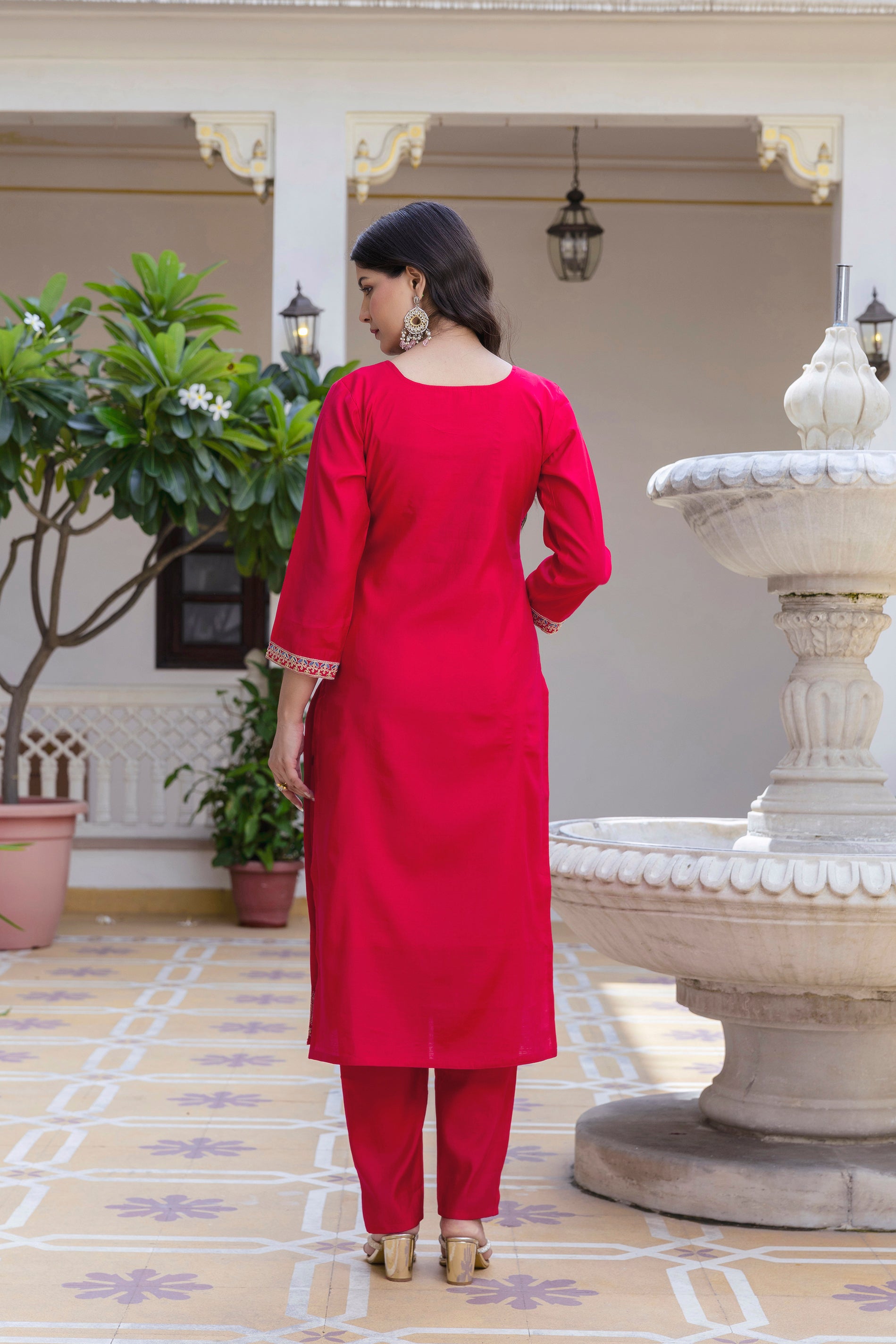 Rani Pink Viscose Chanderi Embroidered Kurta Set