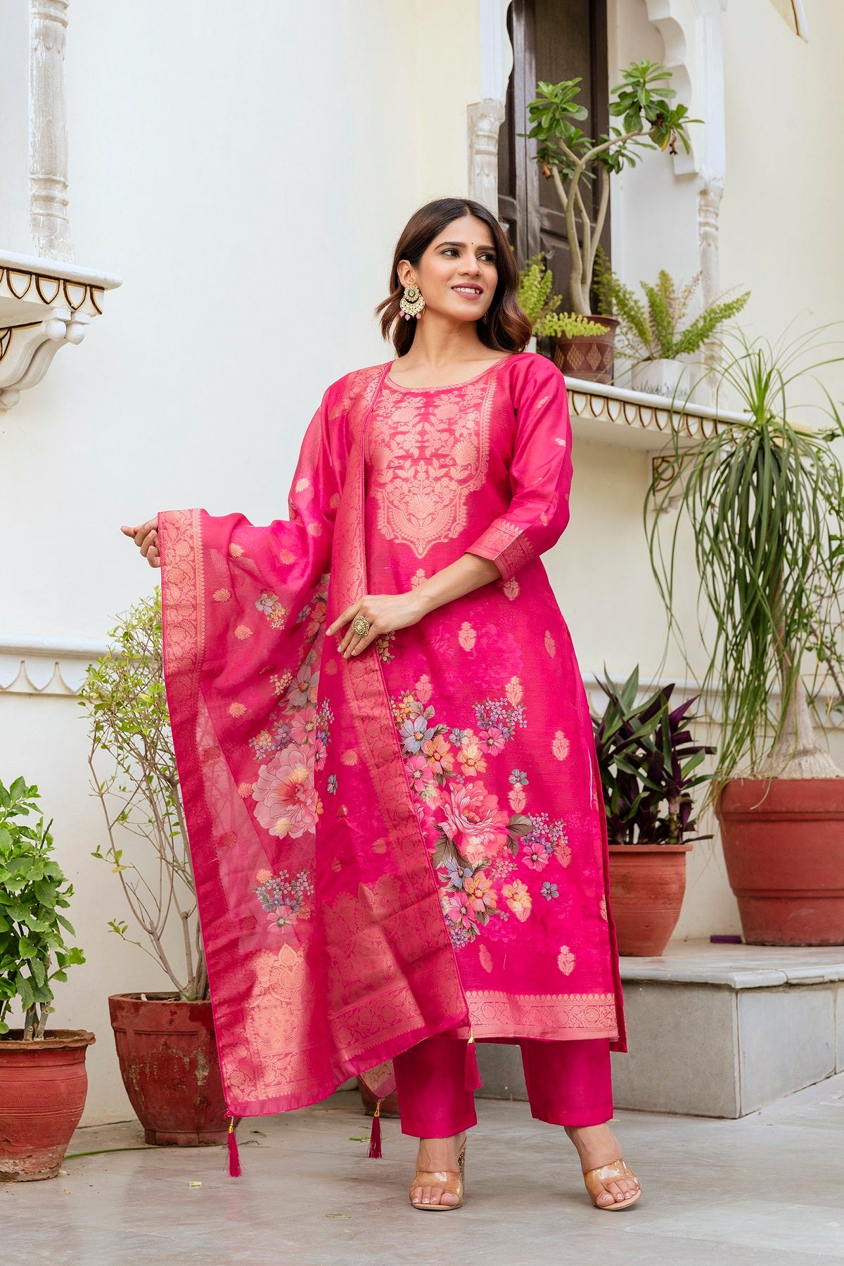 Rani Pink Chanderi Cotton Kurta Set