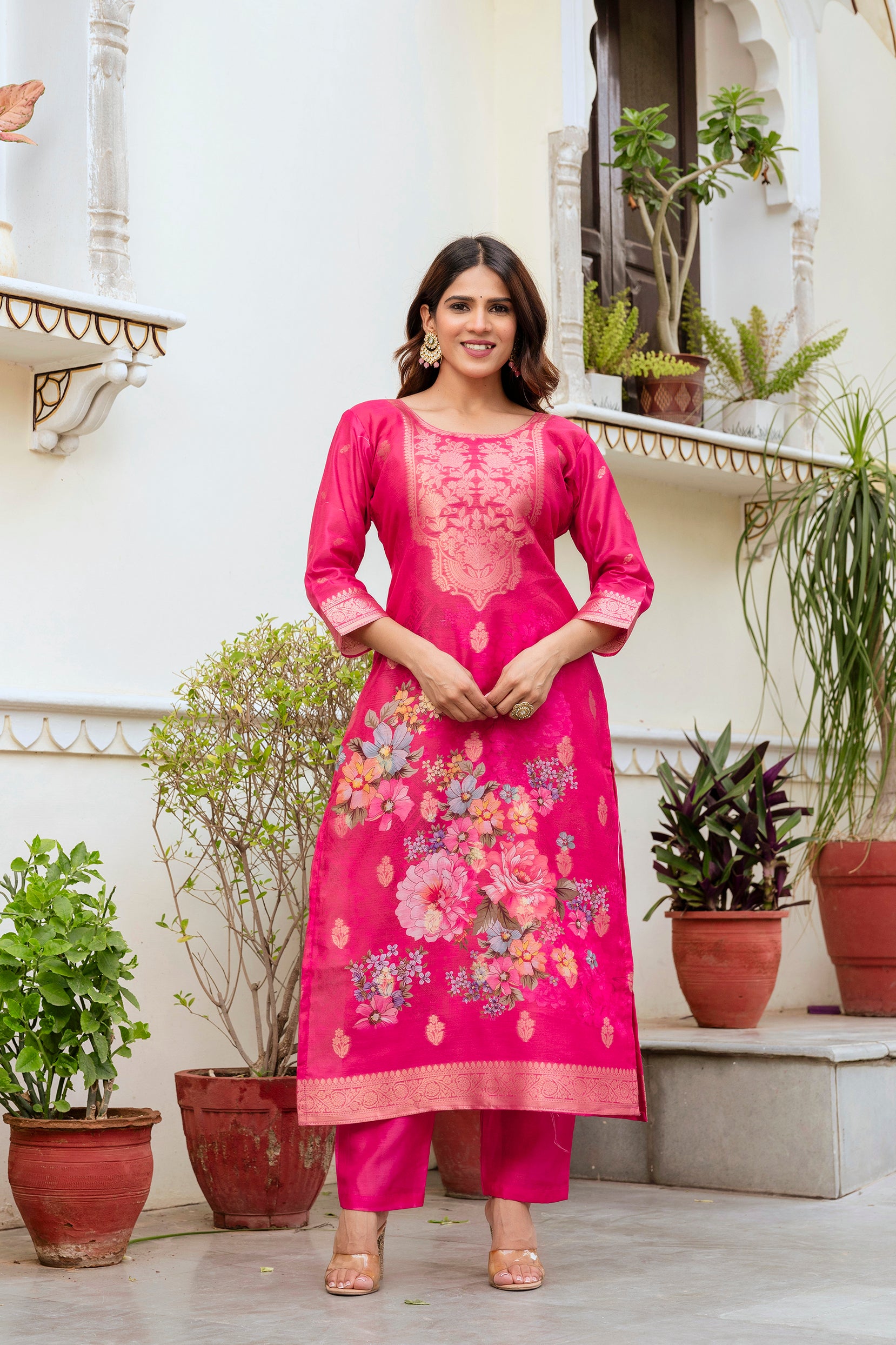 Rani Pink Chanderi Cotton Kurta Set
