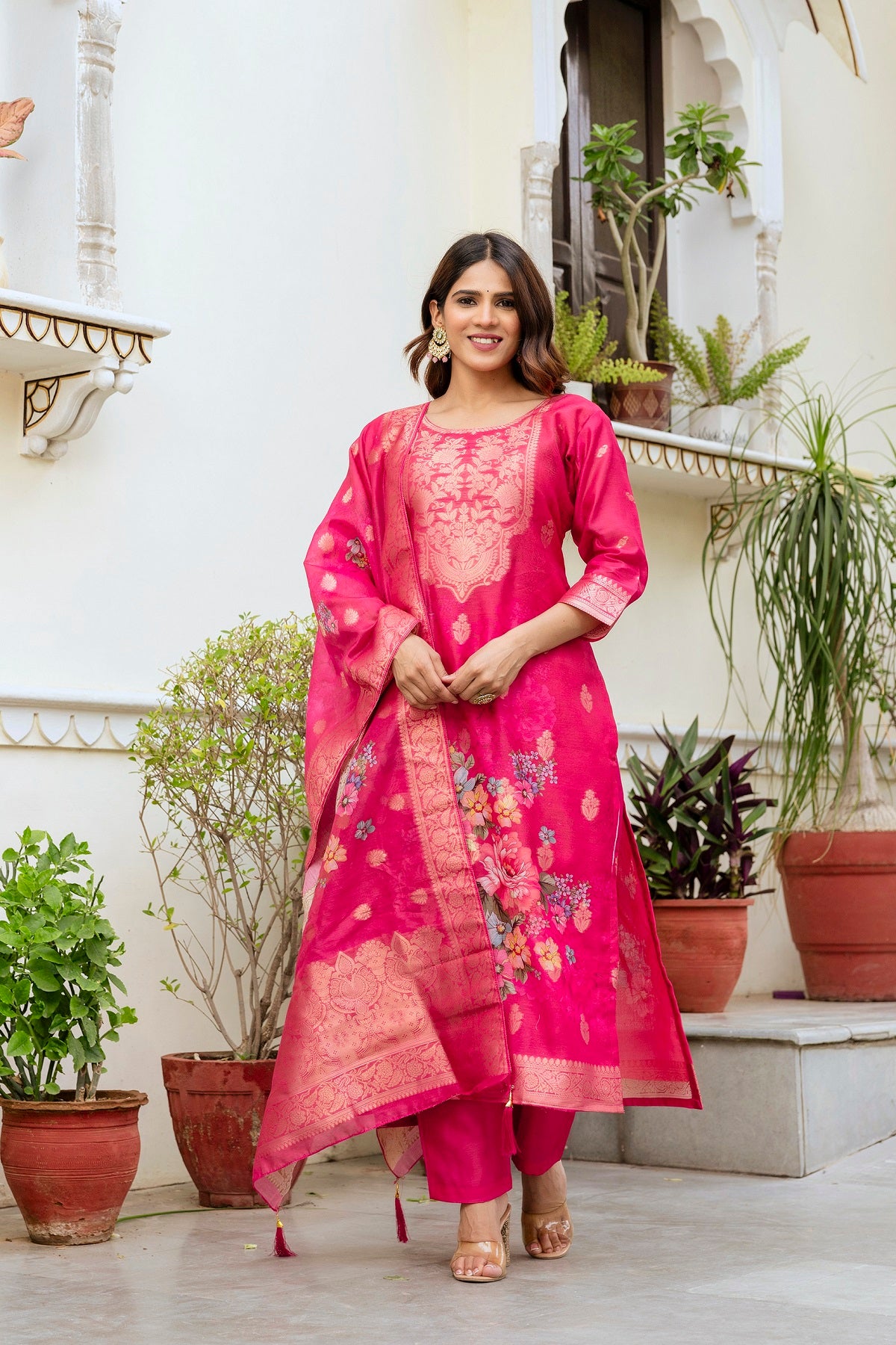Rani Pink Chanderi Cotton Kurta Set