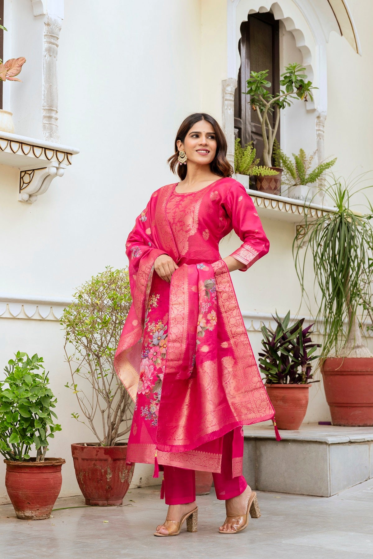 Rani Pink Chanderi Cotton Kurta Set