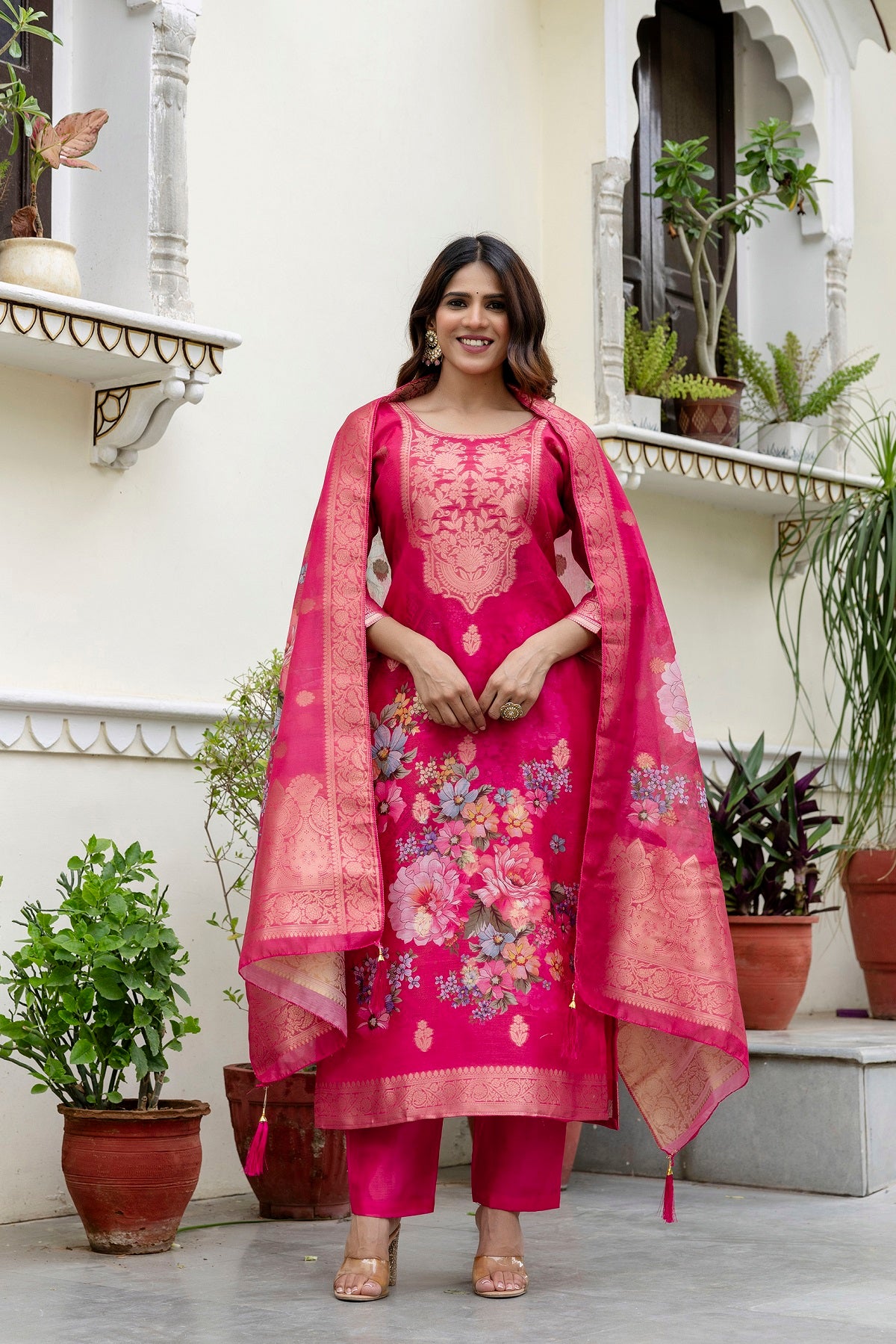 Rani Pink Chanderi Cotton Kurta Set