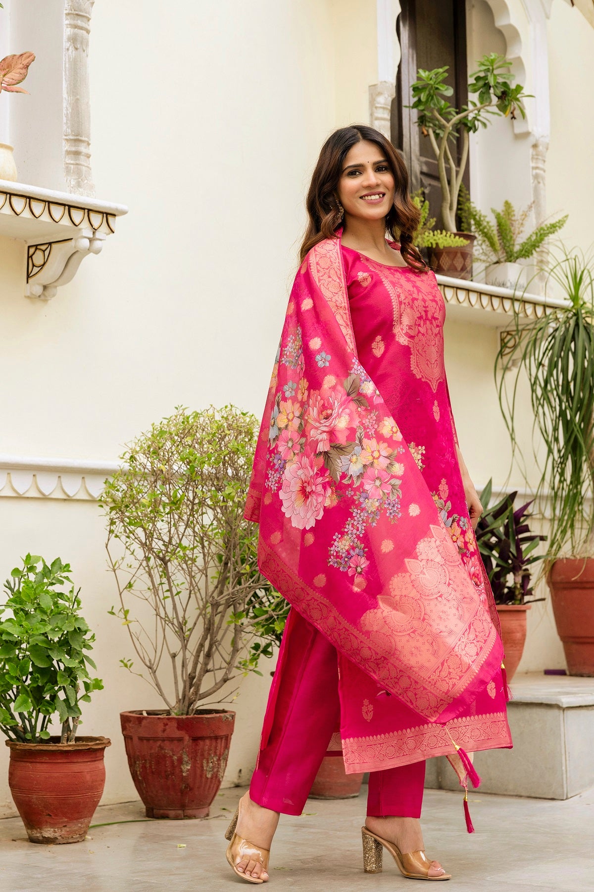 Rani Pink Chanderi Cotton Kurta Set