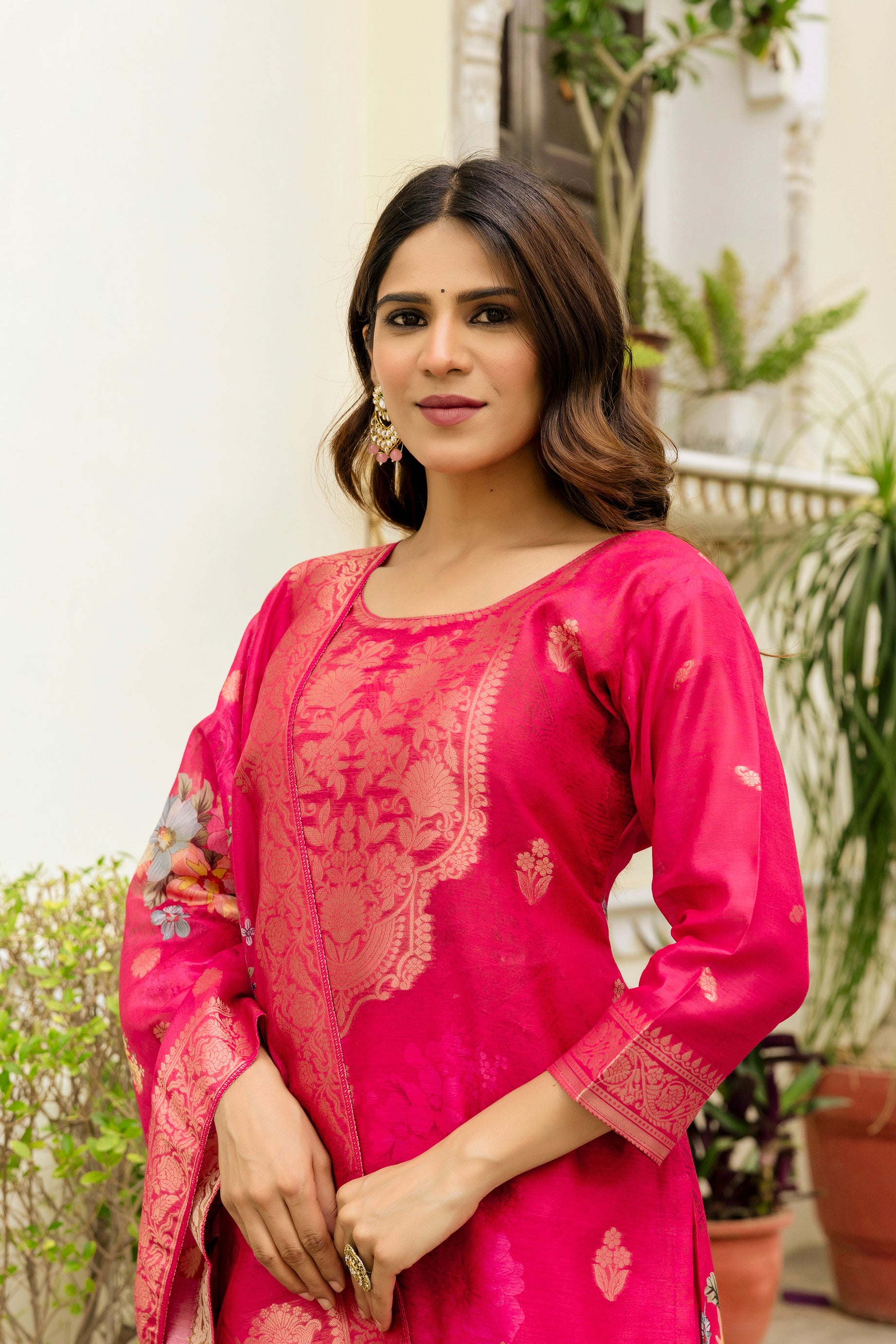 Rani Pink Chanderi Cotton Kurta Set