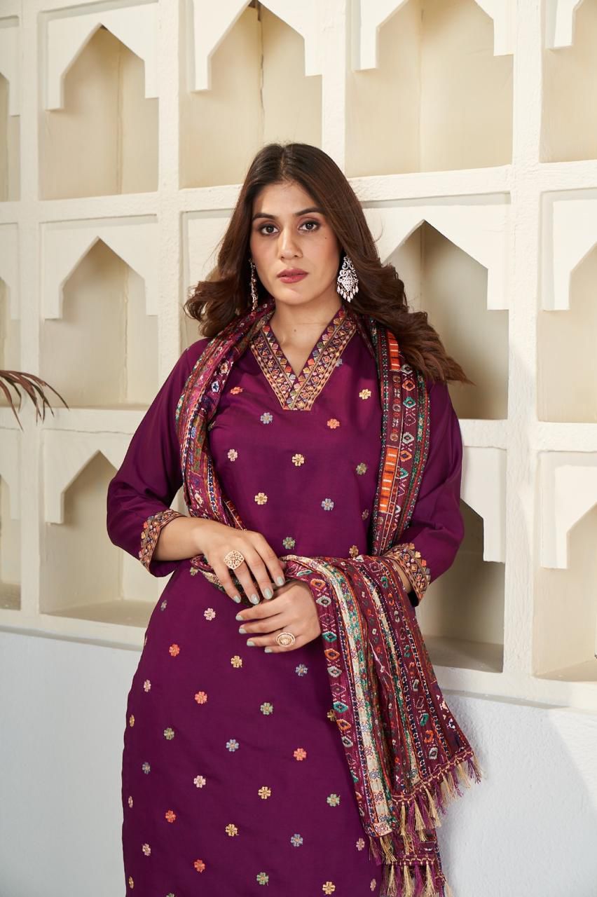 Purple Viscose Three-Piece Suit with Traditional Cross-Stitch Style Printed Dupatta