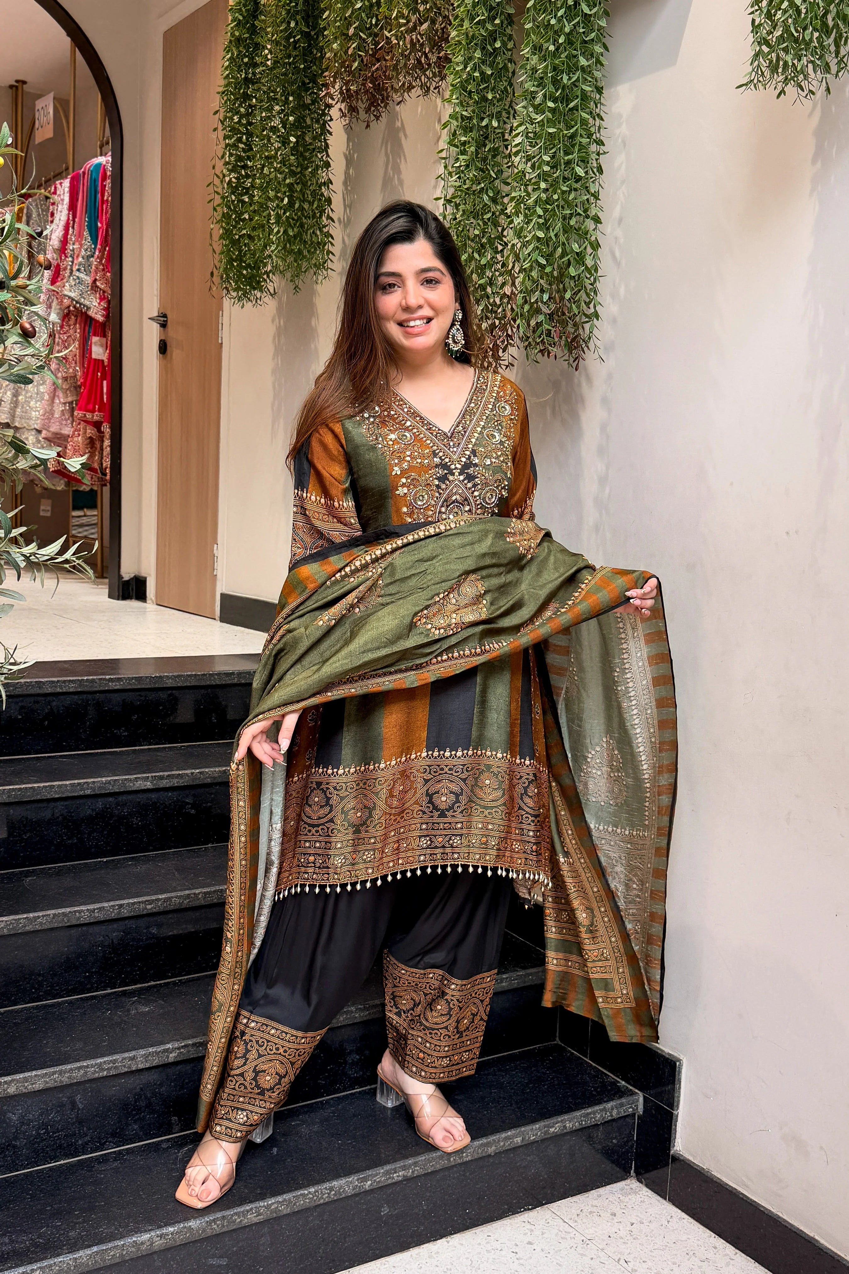 Olive Heritage Weave Suit Set