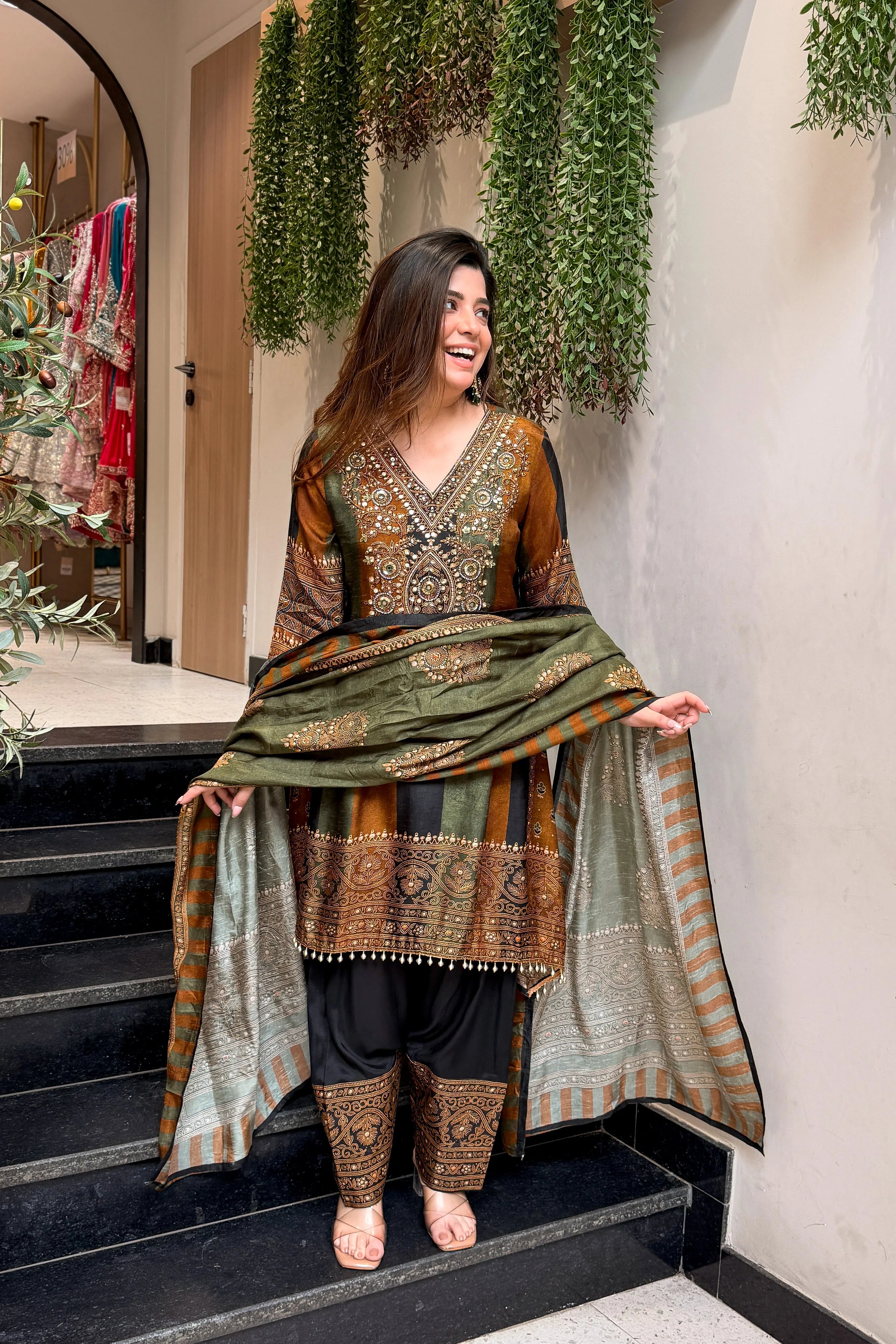 Olive Heritage Weave Suit Set
