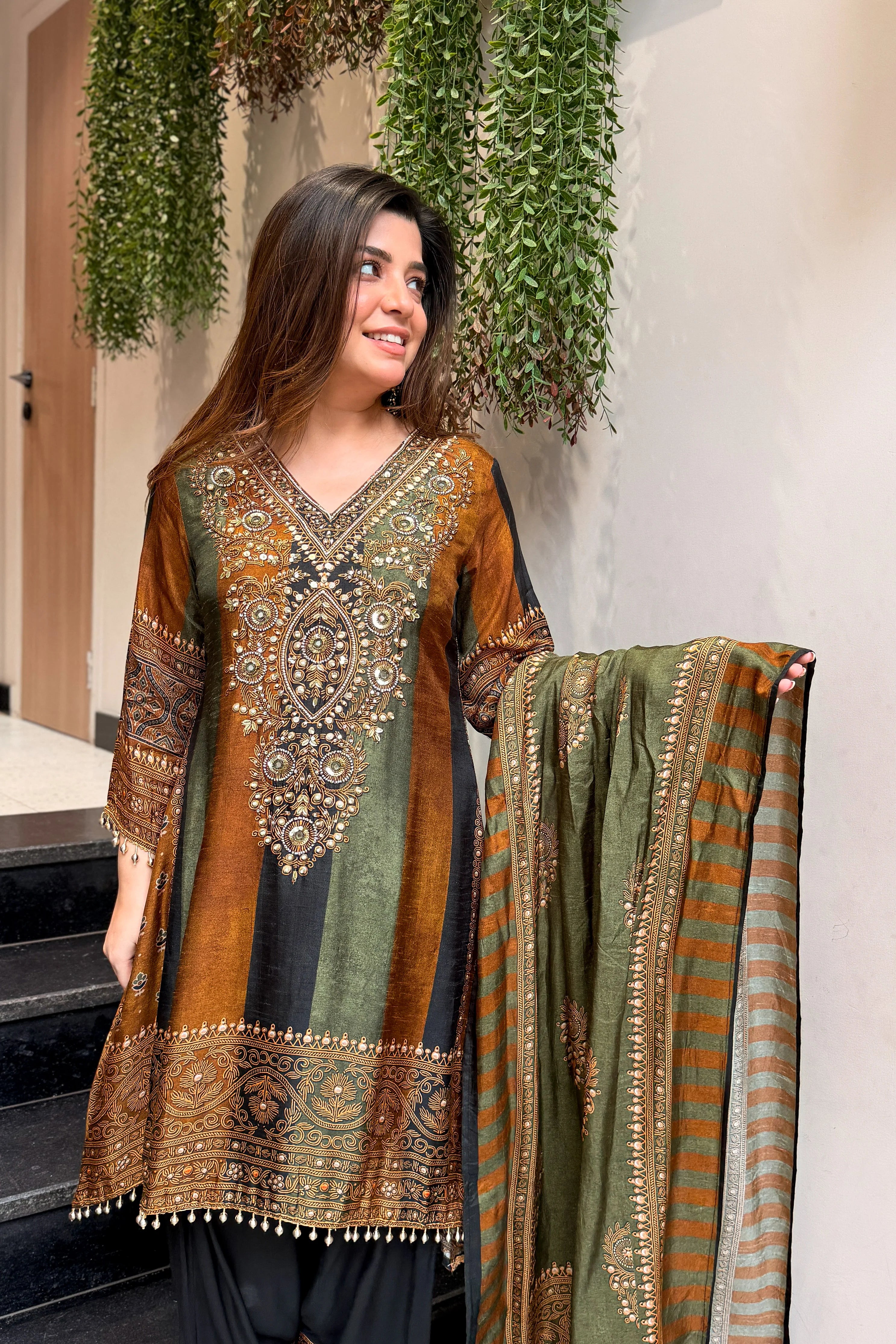 Olive Heritage Weave Suit Set