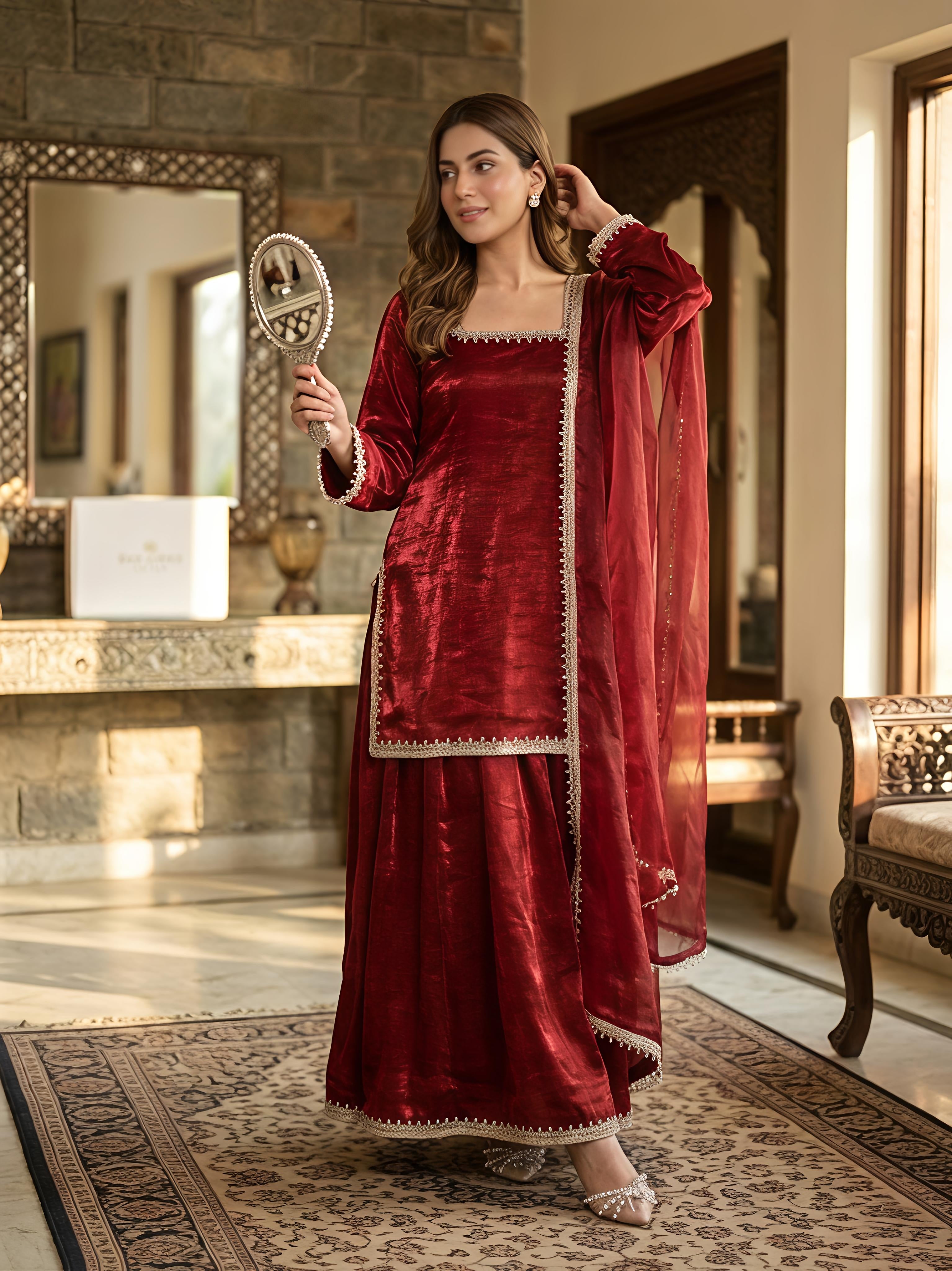 Maalank Maroon Zimichu Satin Suit Set