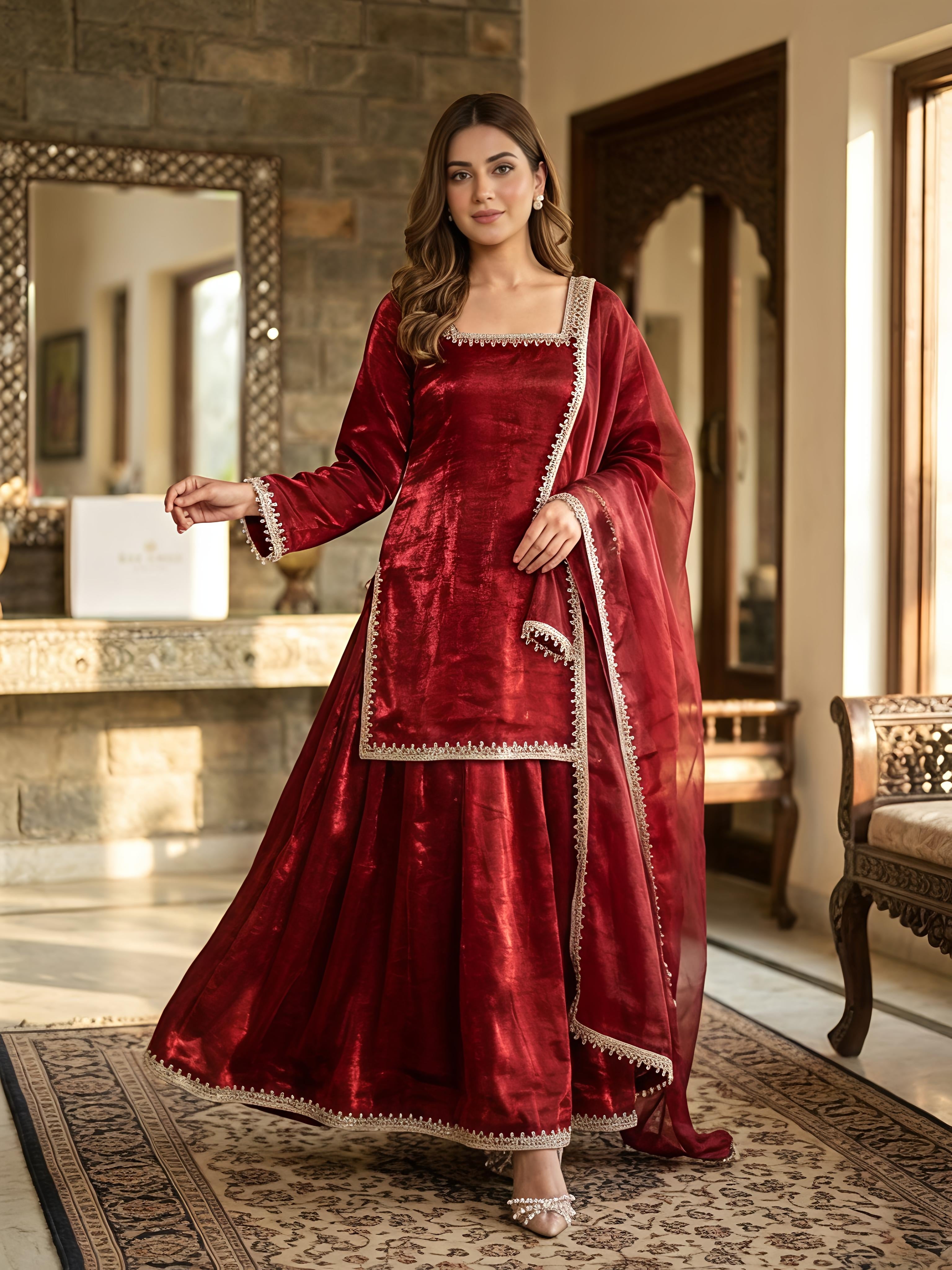 Maalank Maroon Zimichu Satin Suit Set