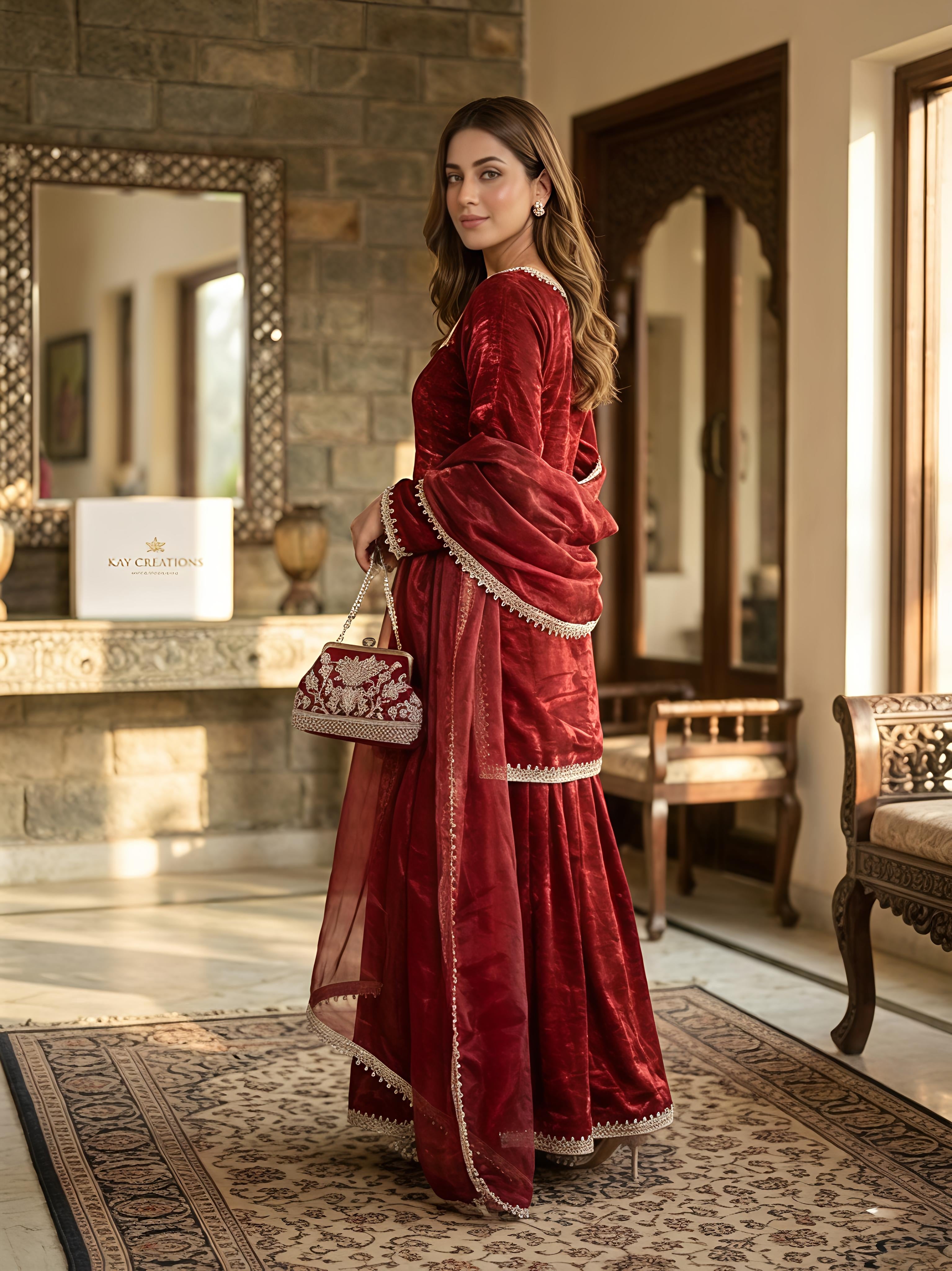 Maalank Maroon Zimichu Satin Suit Set