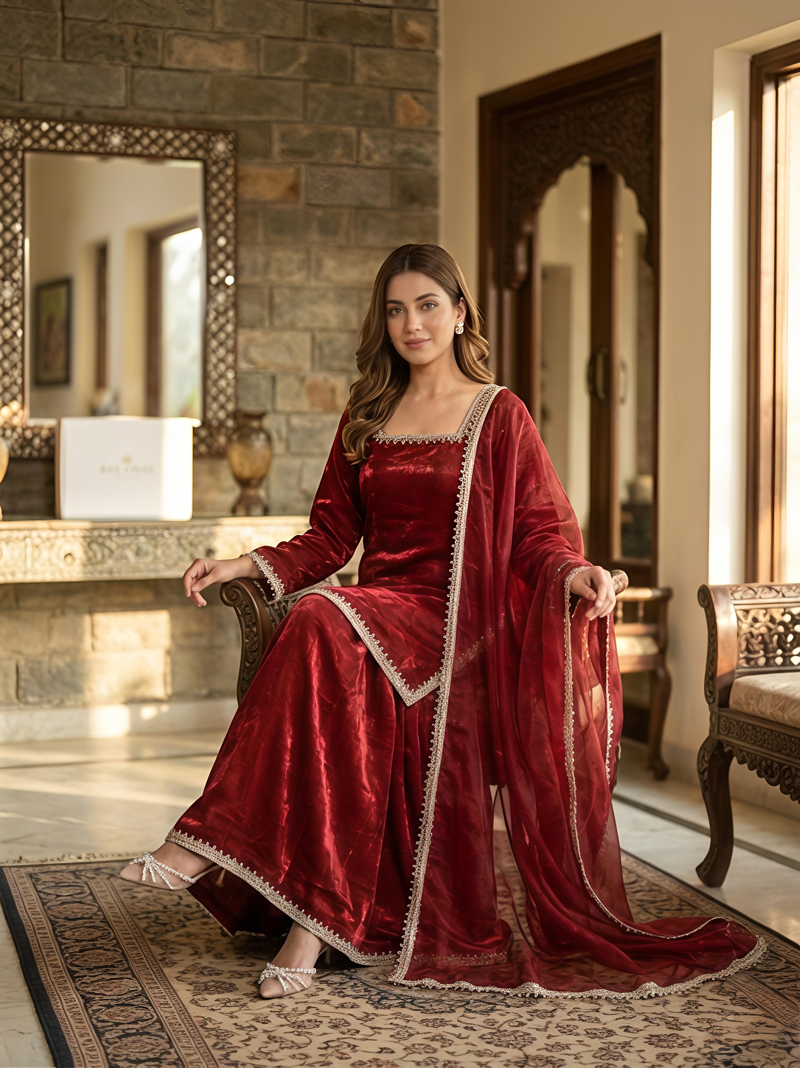 Maalank Maroon Zimichu Satin Suit Set