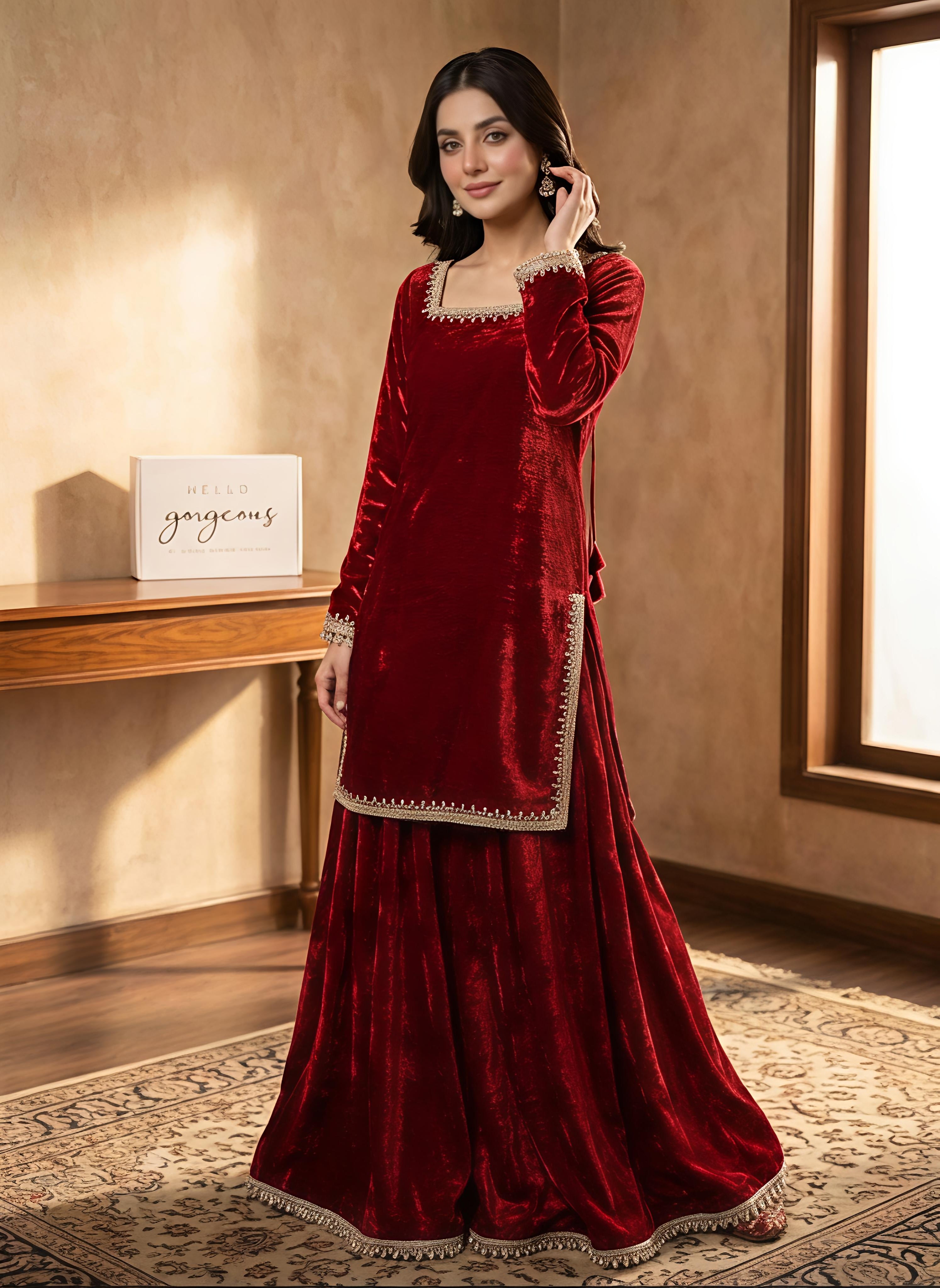 Maalank Maroon Zimichu Satin Suit Set