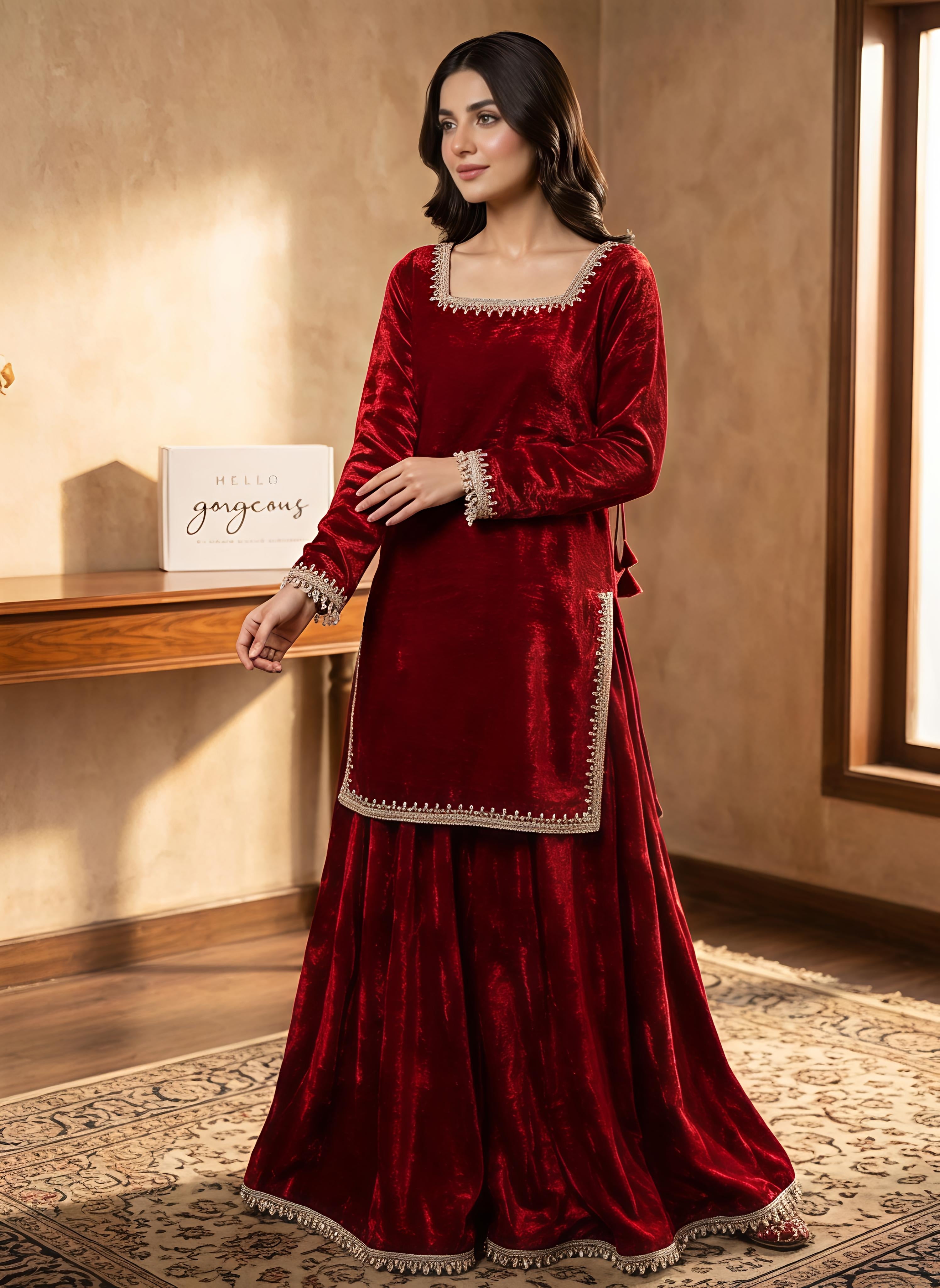 Maalank Maroon Zimichu Satin Suit Set
