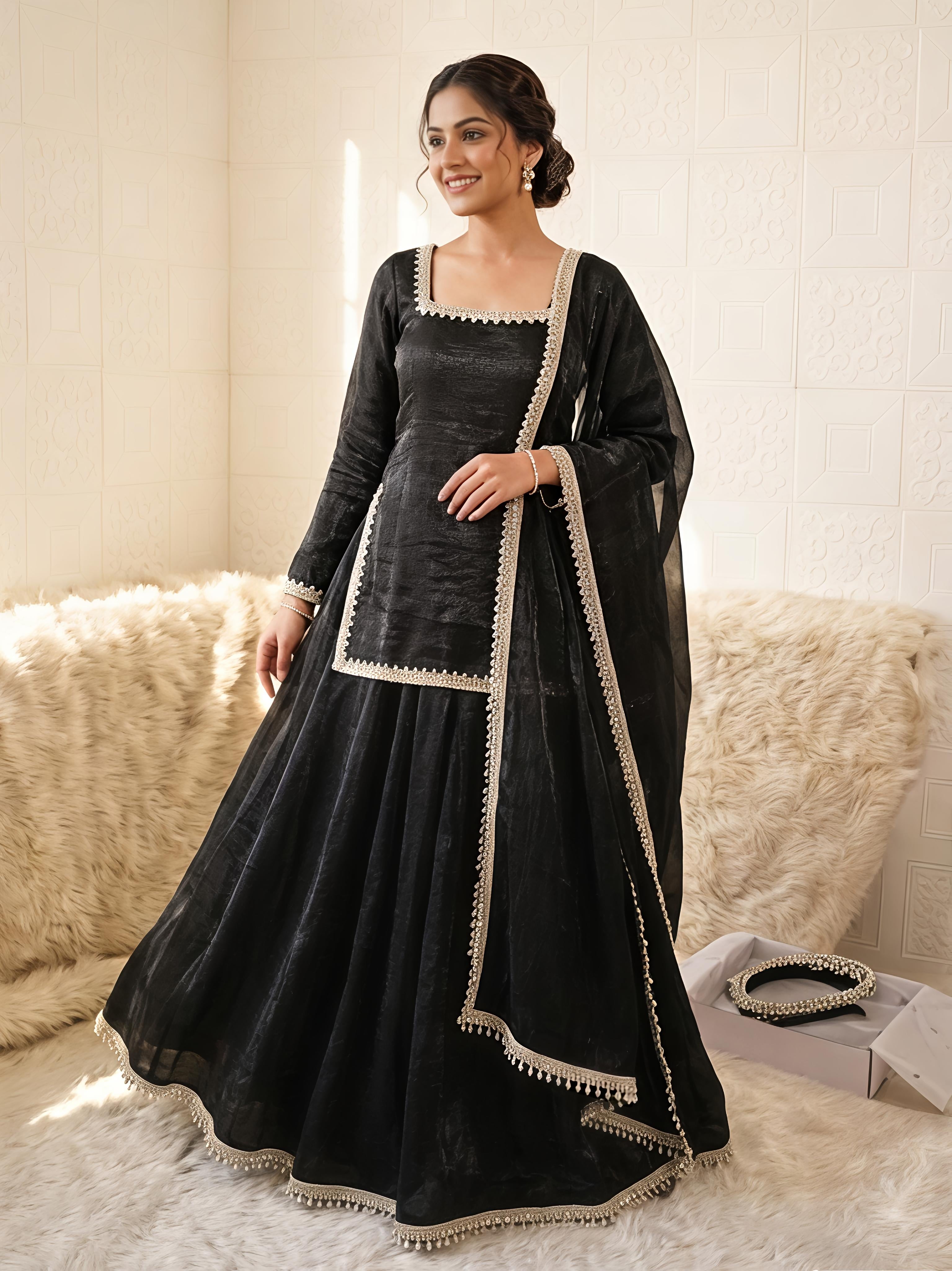 Maalank Black Zimichu Satin Suit Set