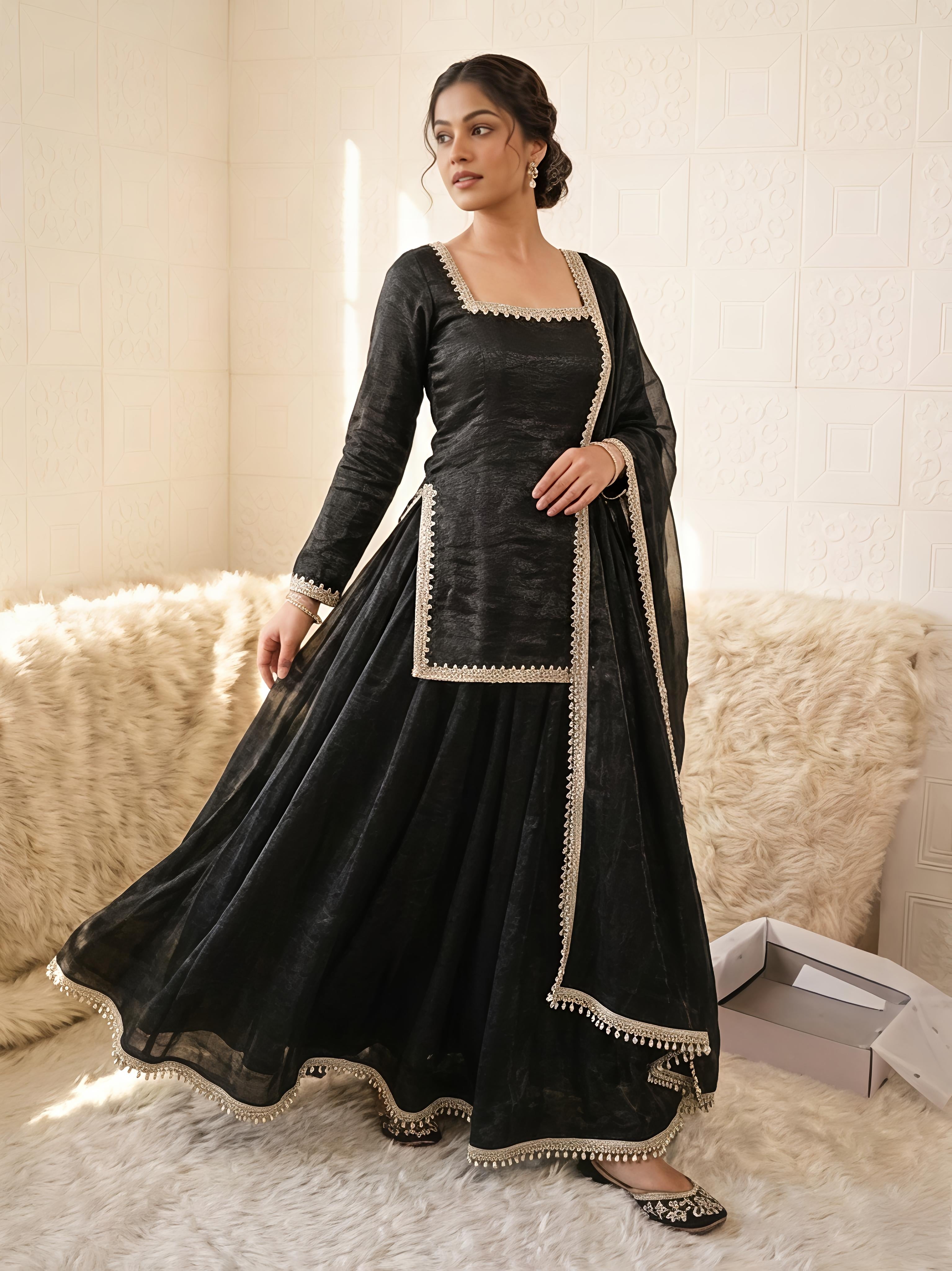 Maalank Black Zimichu Satin Suit Set