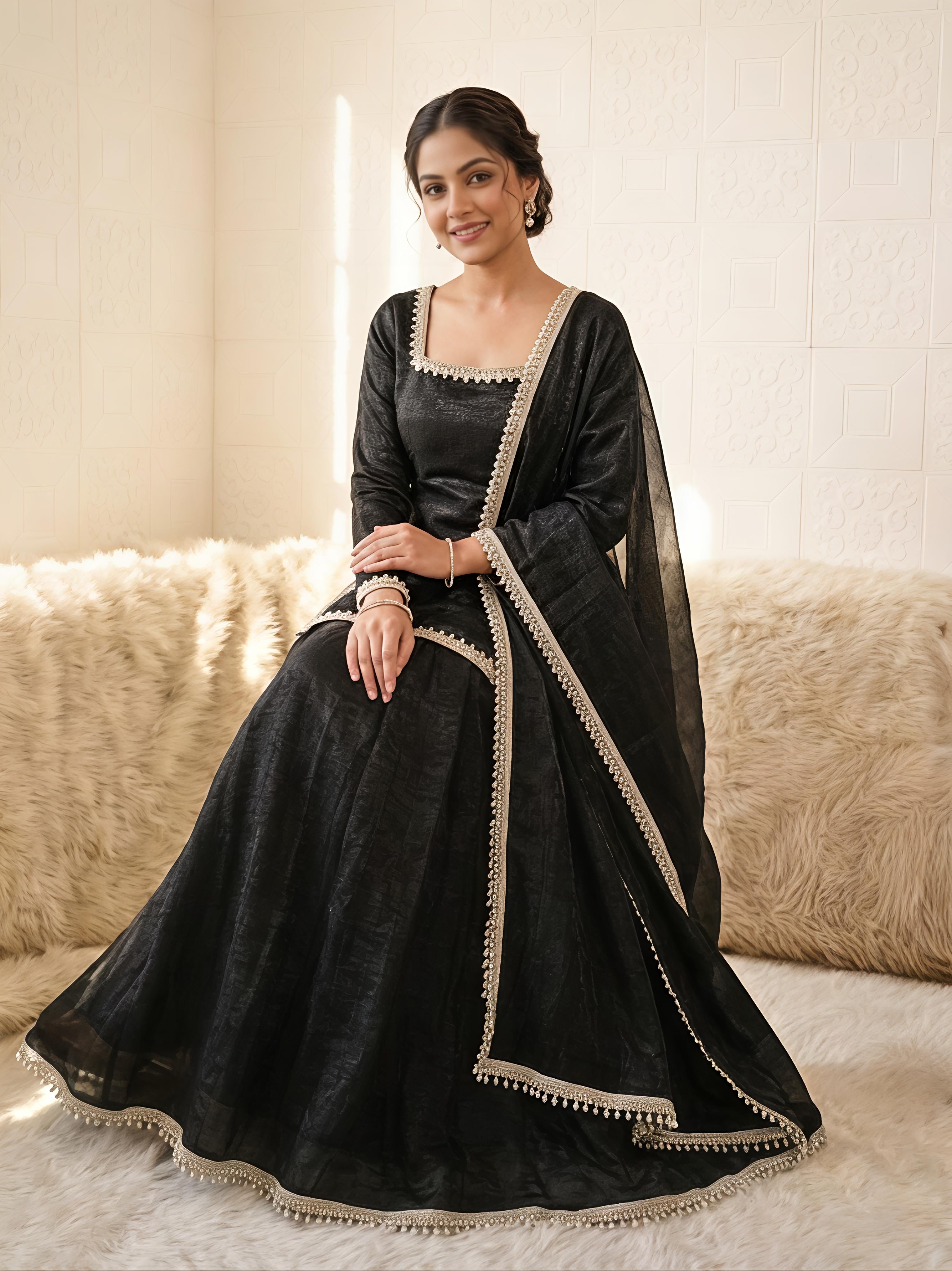 Maalank Black Zimichu Satin Suit Set