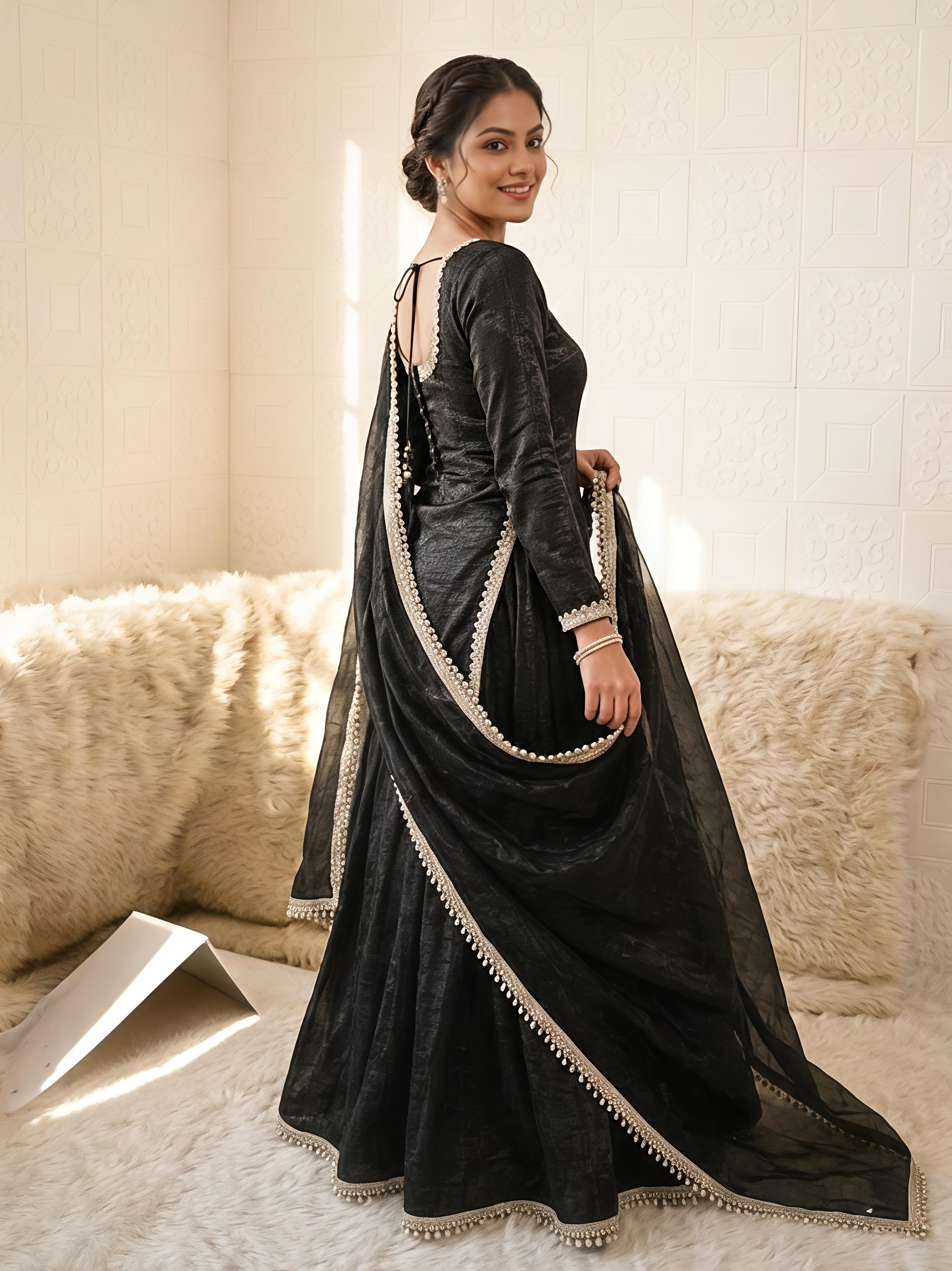 Maalank Black Zimichu Satin Suit Set