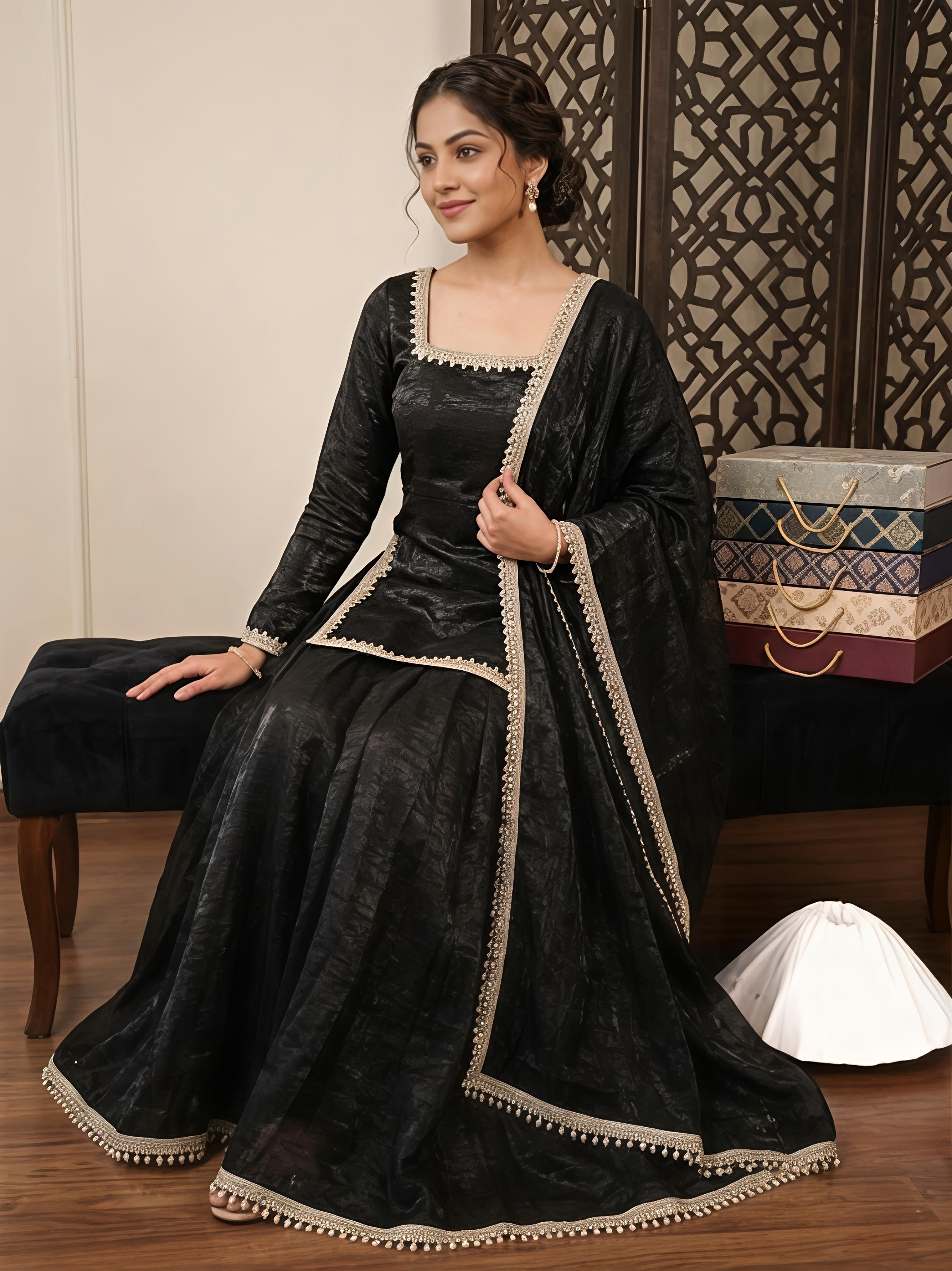 Maalank Black Zimichu Satin Suit Set