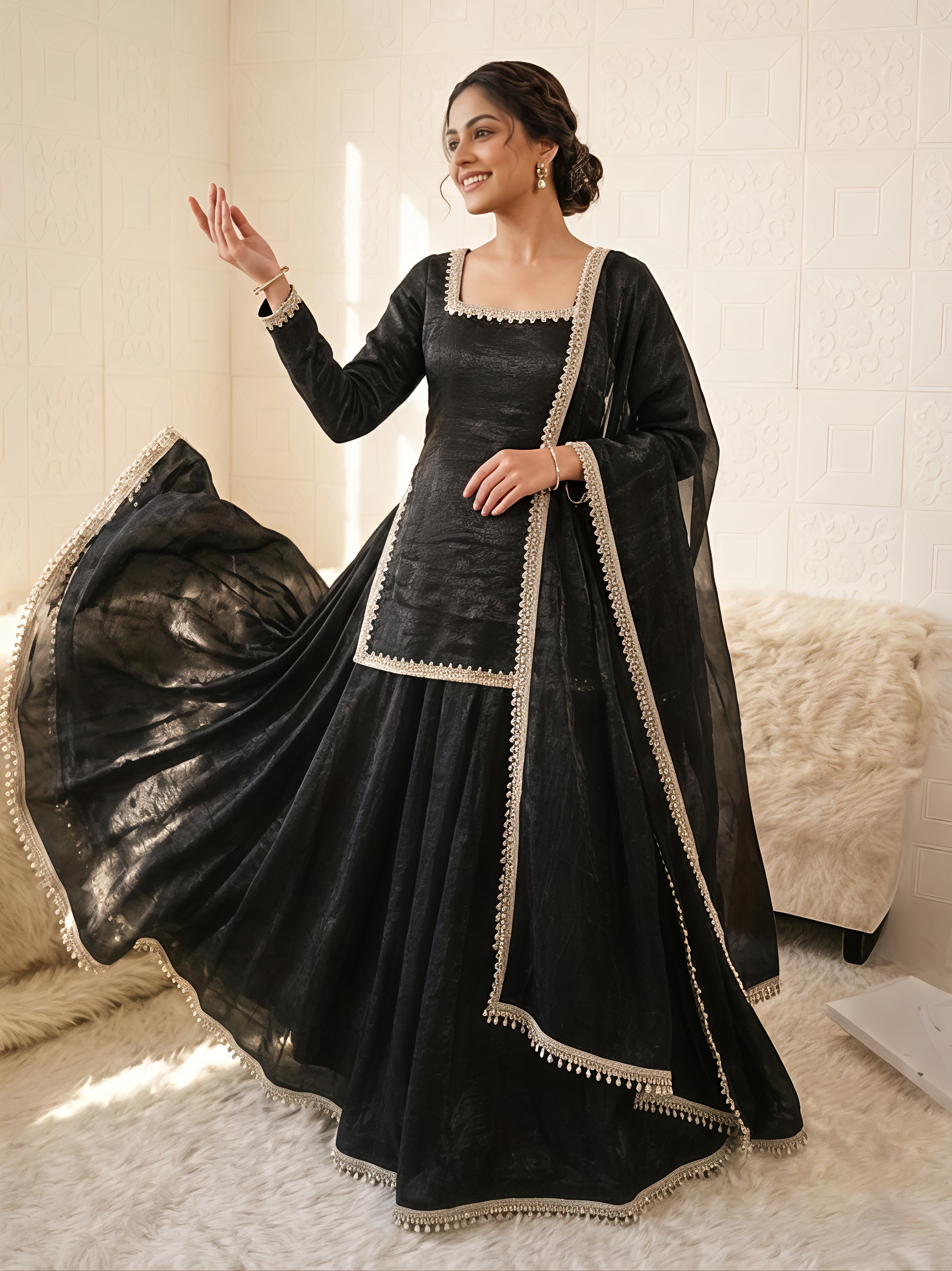 Maalank Black Zimichu Satin Suit Set