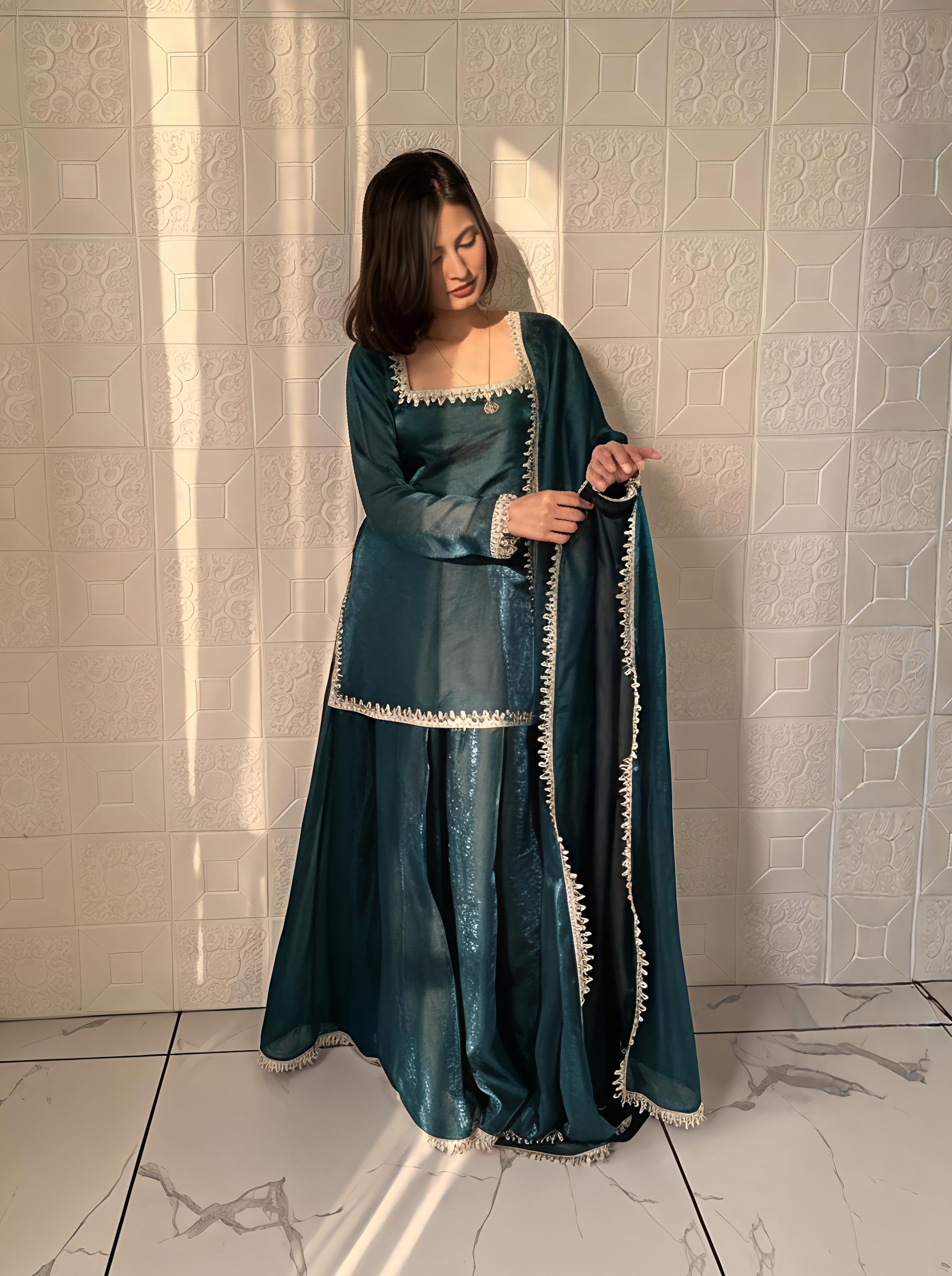 Maalank Green Zimichu Satin Suit Set