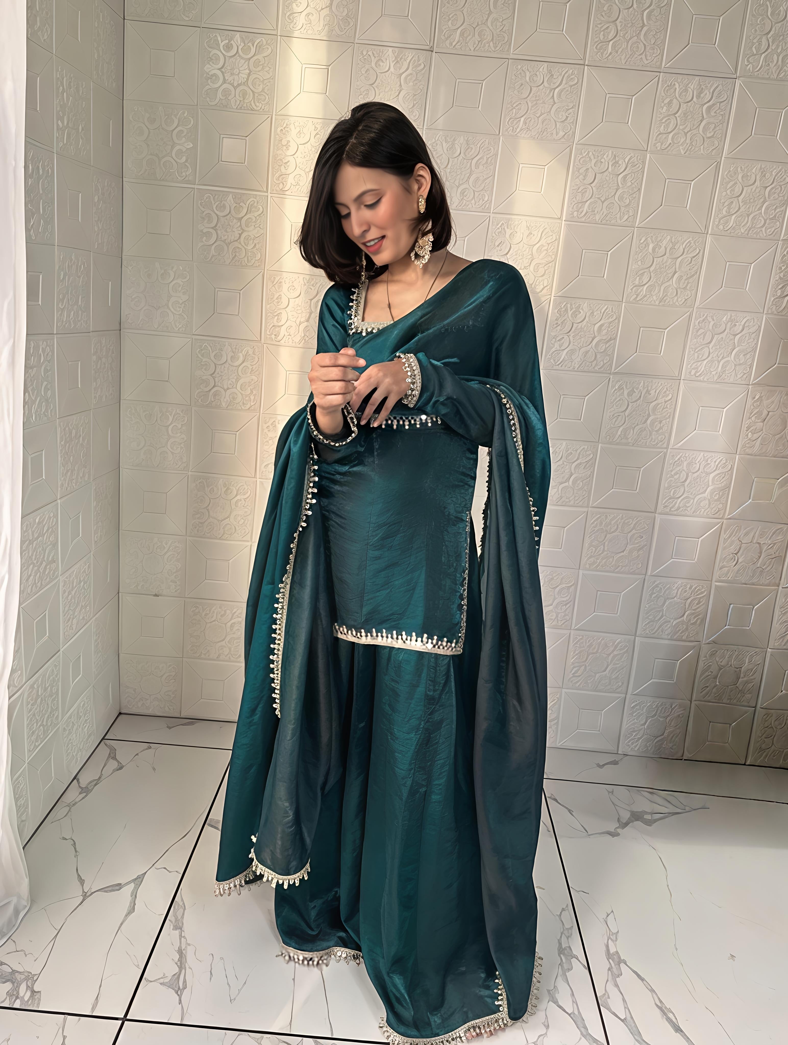 Maalank Green Zimichu Satin Suit Set