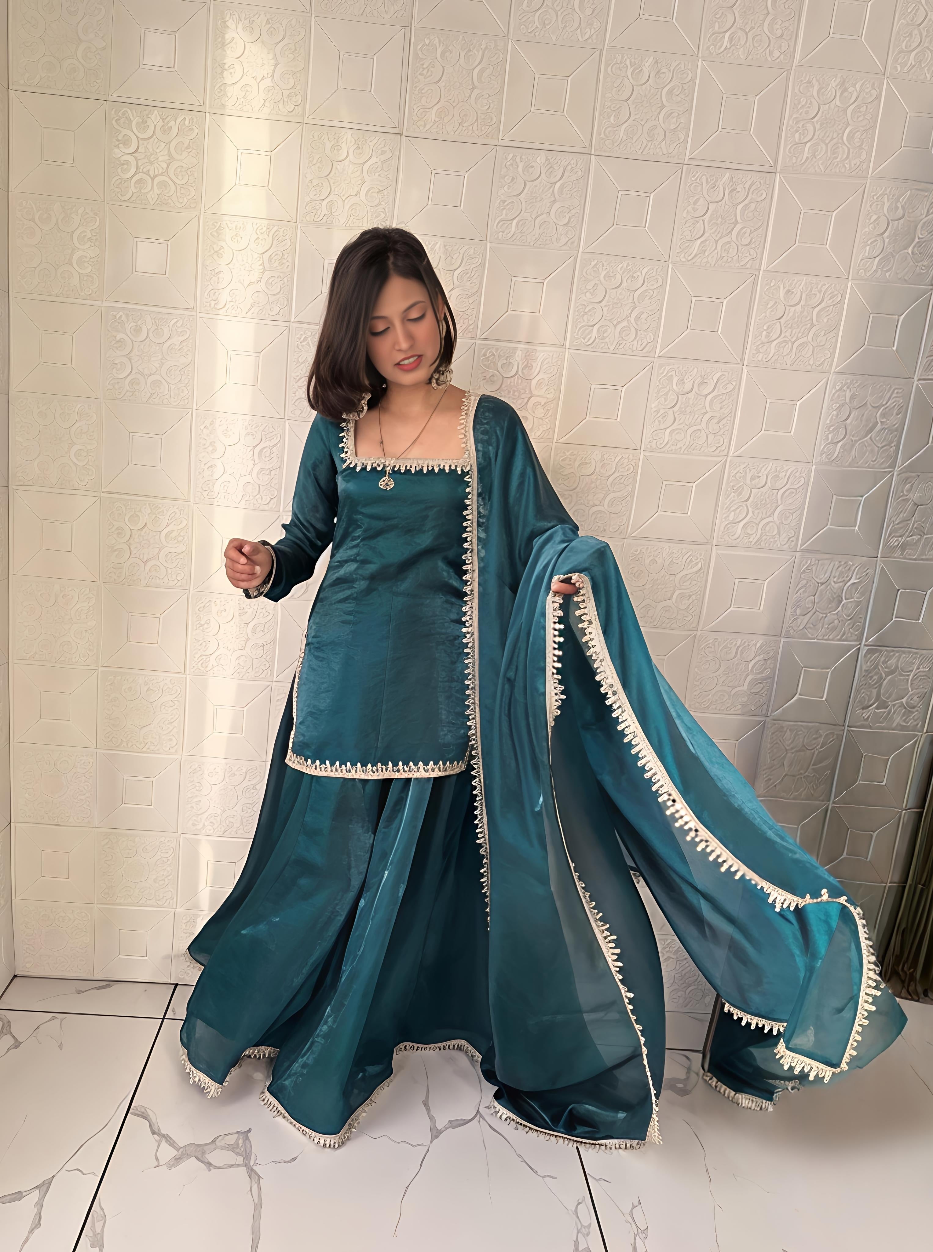 Maalank Green Zimichu Satin Suit Set