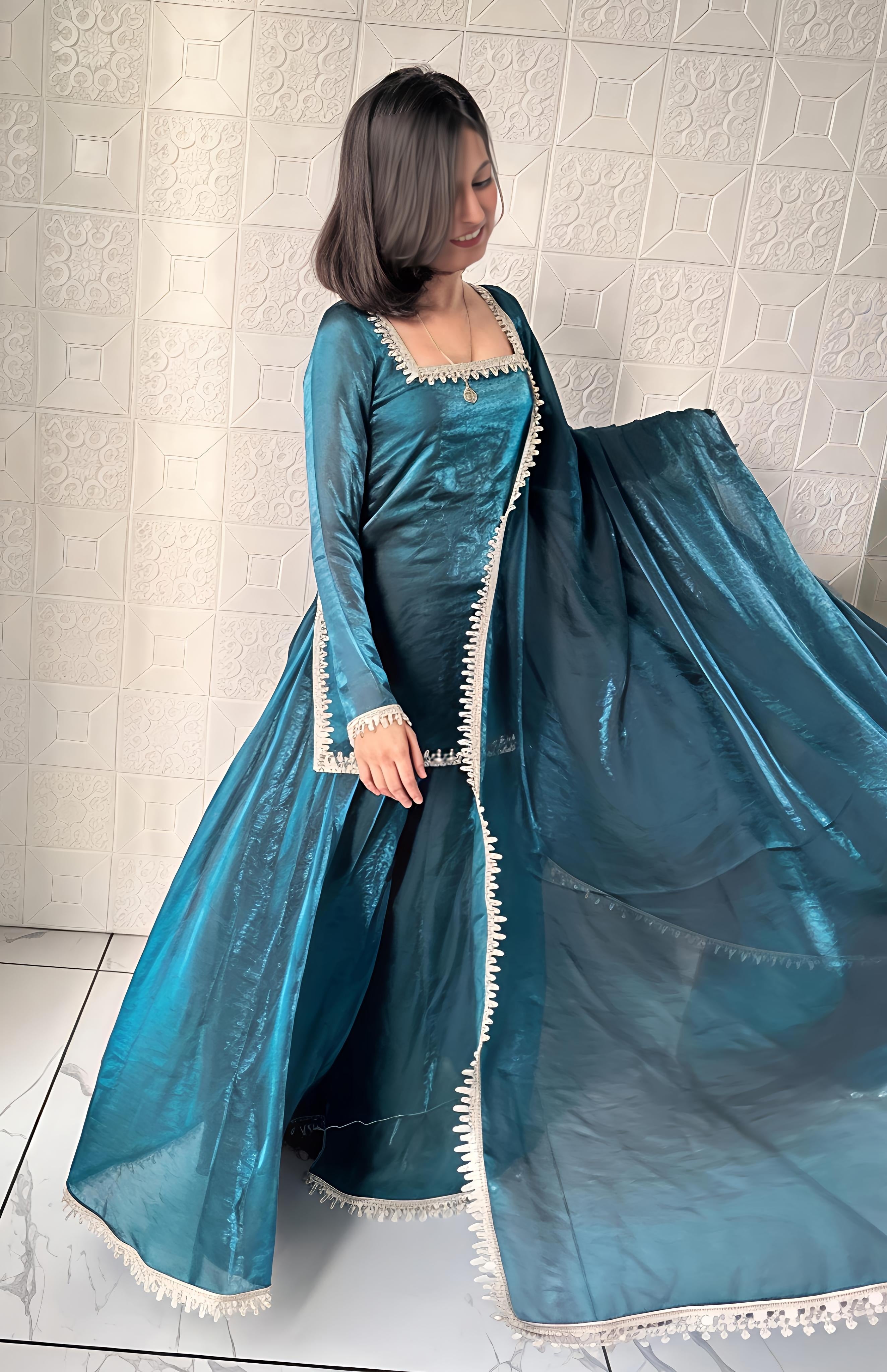 Maalank Green Zimichu Satin Suit Set