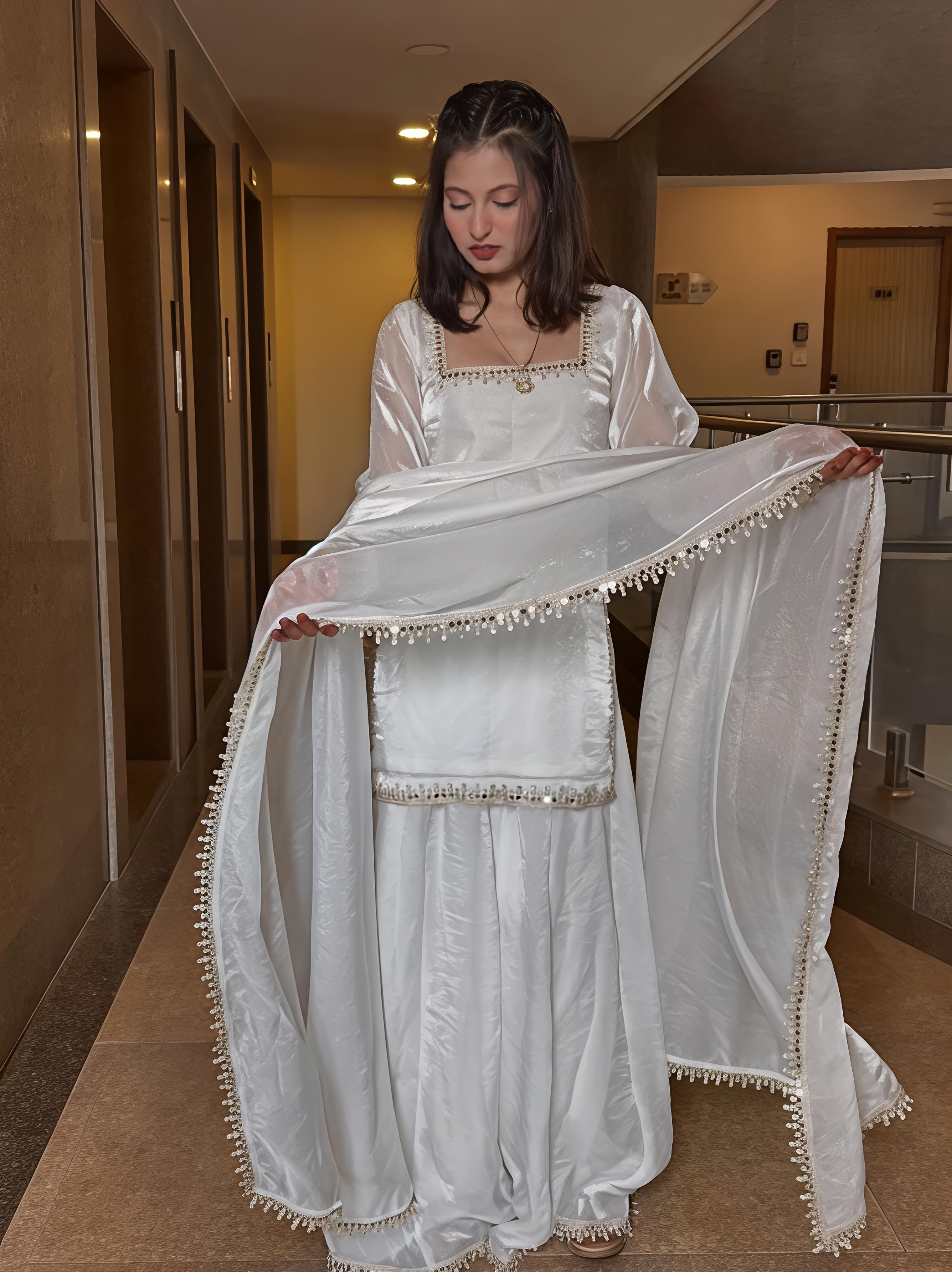 Maalank White Zimichu Satin Suit Set