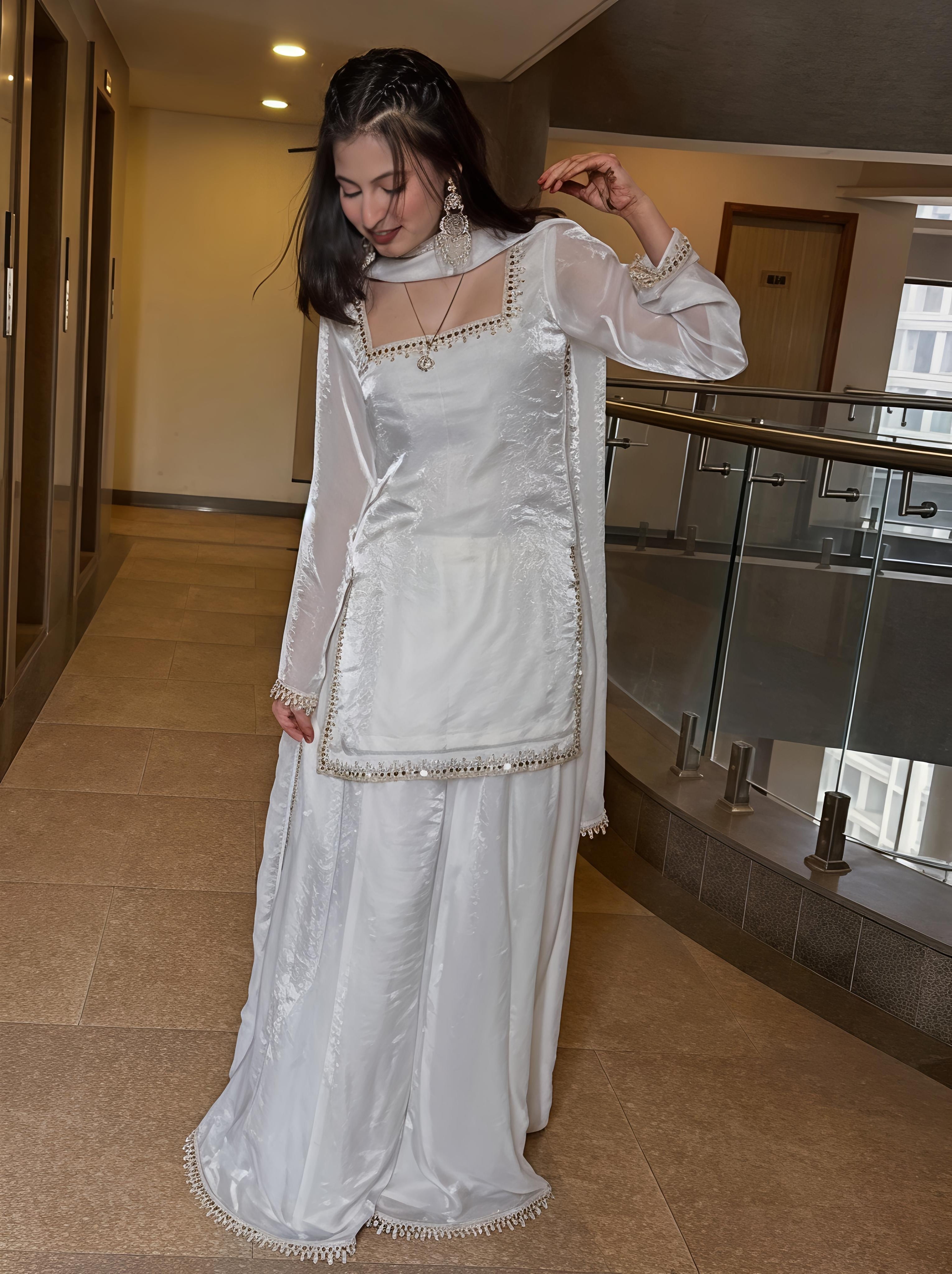 Maalank White Zimichu Satin Suit Set