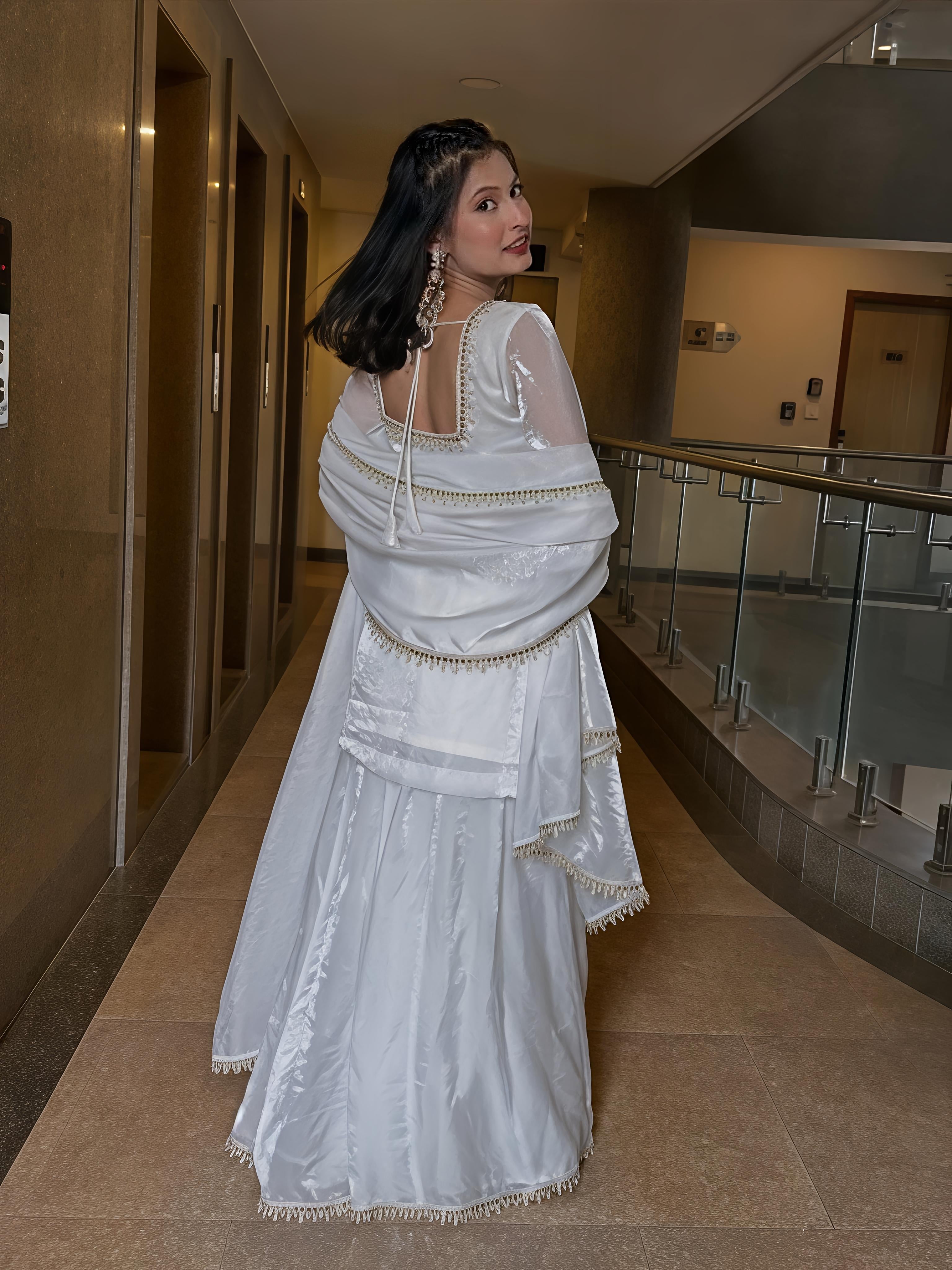 Maalank White Zimichu Satin Suit Set