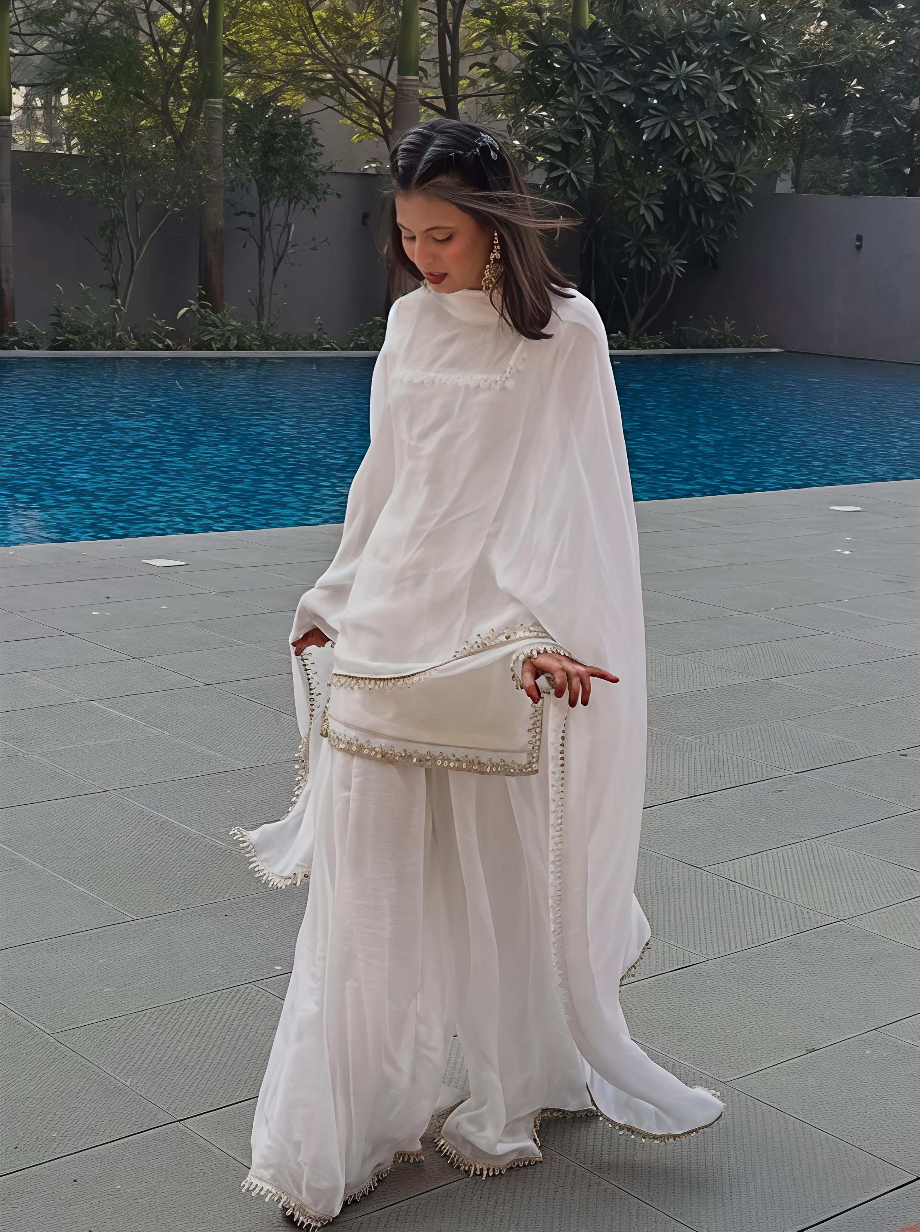 Maalank White Zimichu Satin Suit Set
