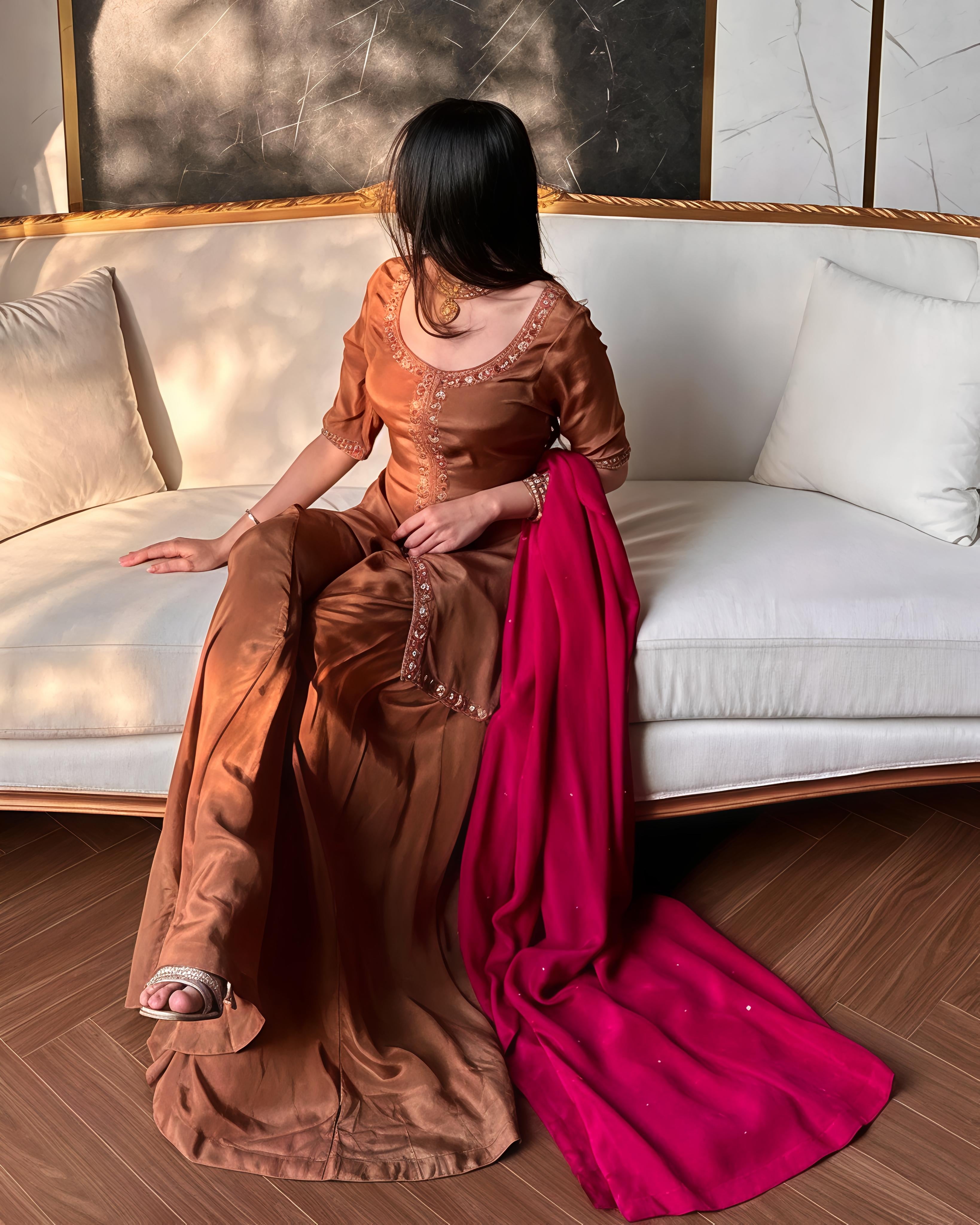 Chocolate Brown Crepe Silk Embroidery Palazzo Suit