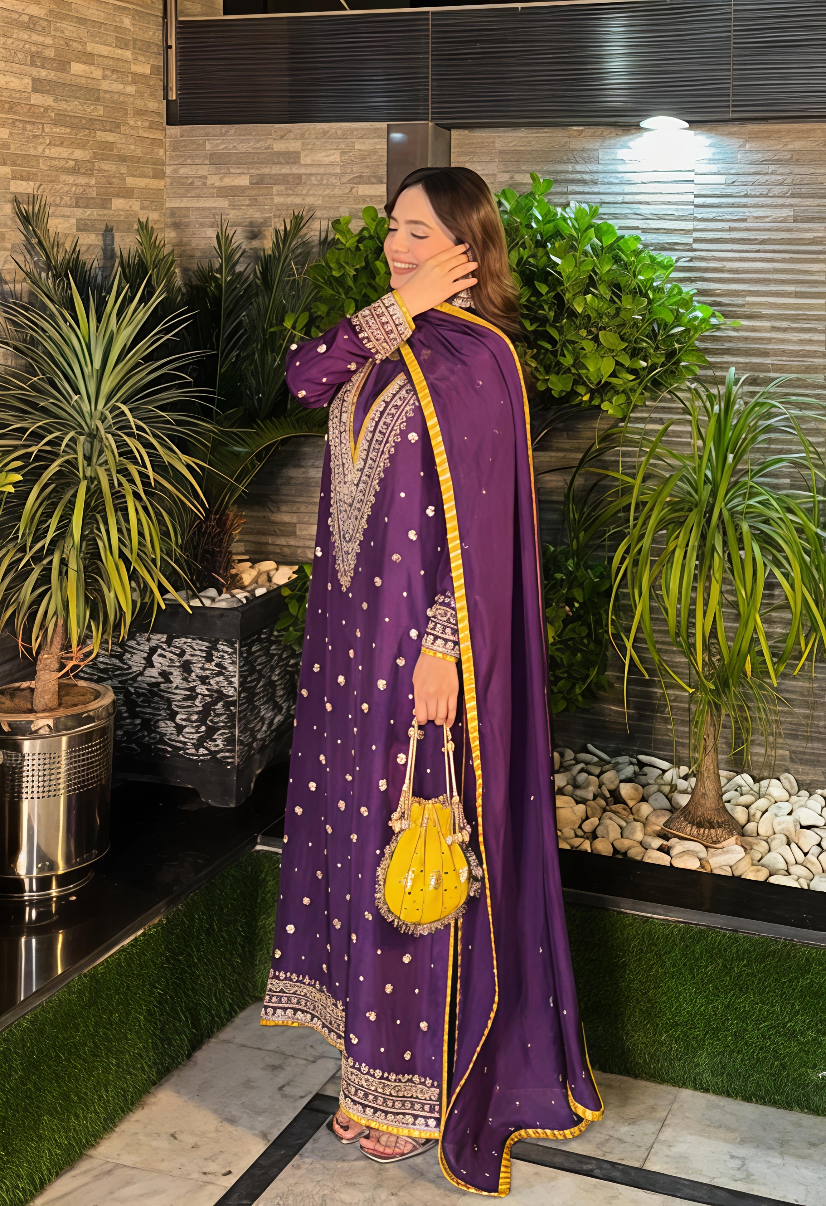 Purple Embroidered Chinon Straight Cut Suit
