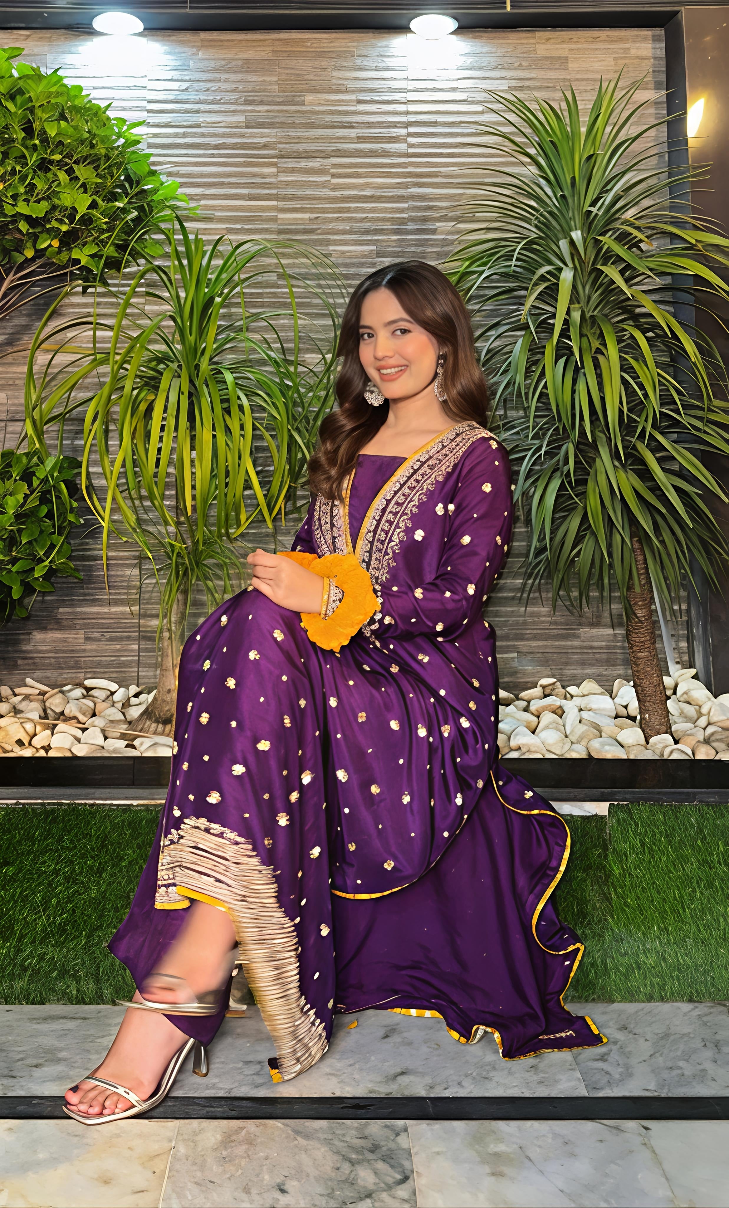 Purple Embroidered Chinon Straight Cut Suit