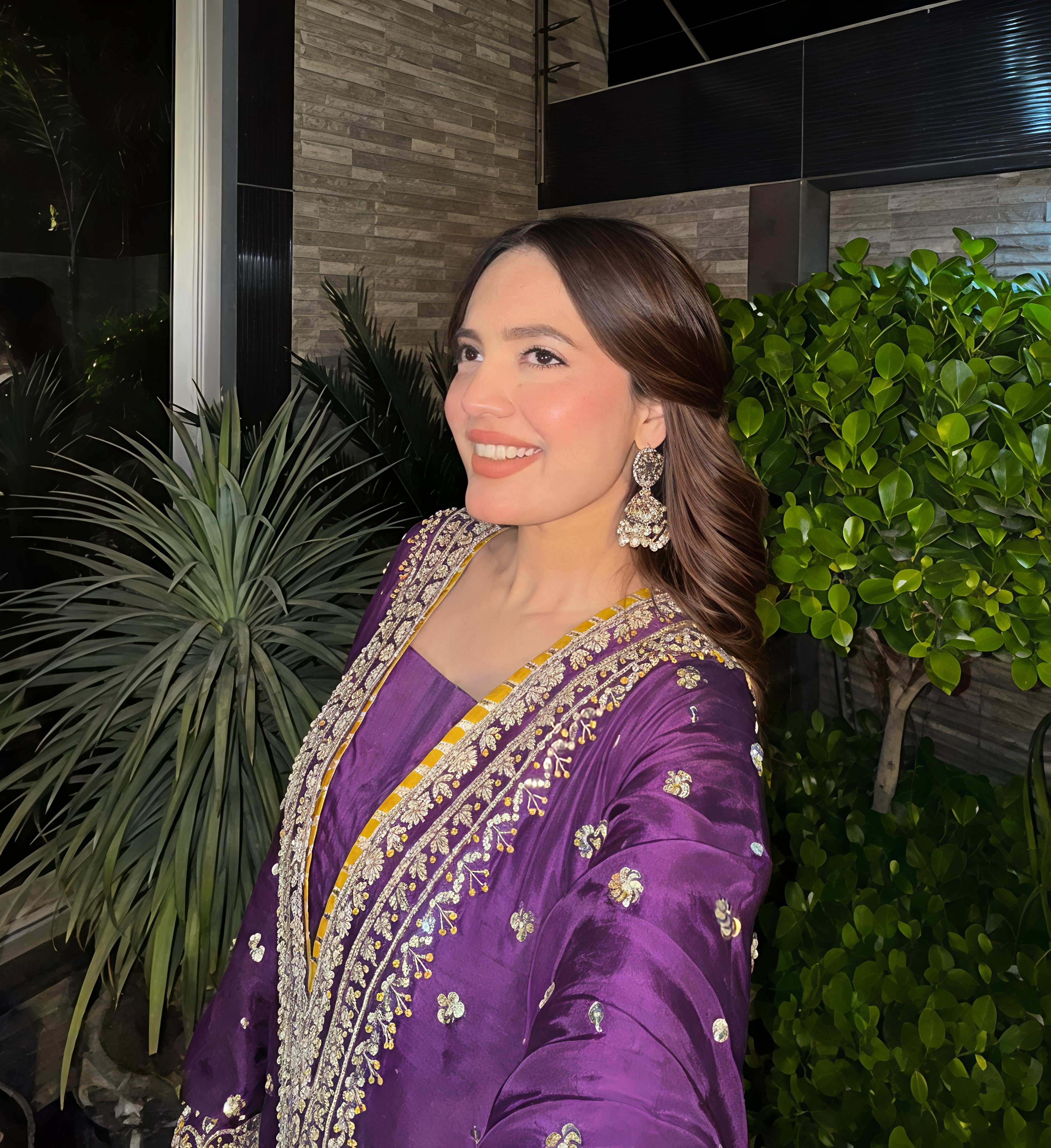 Purple Embroidered Chinon Straight Cut Suit