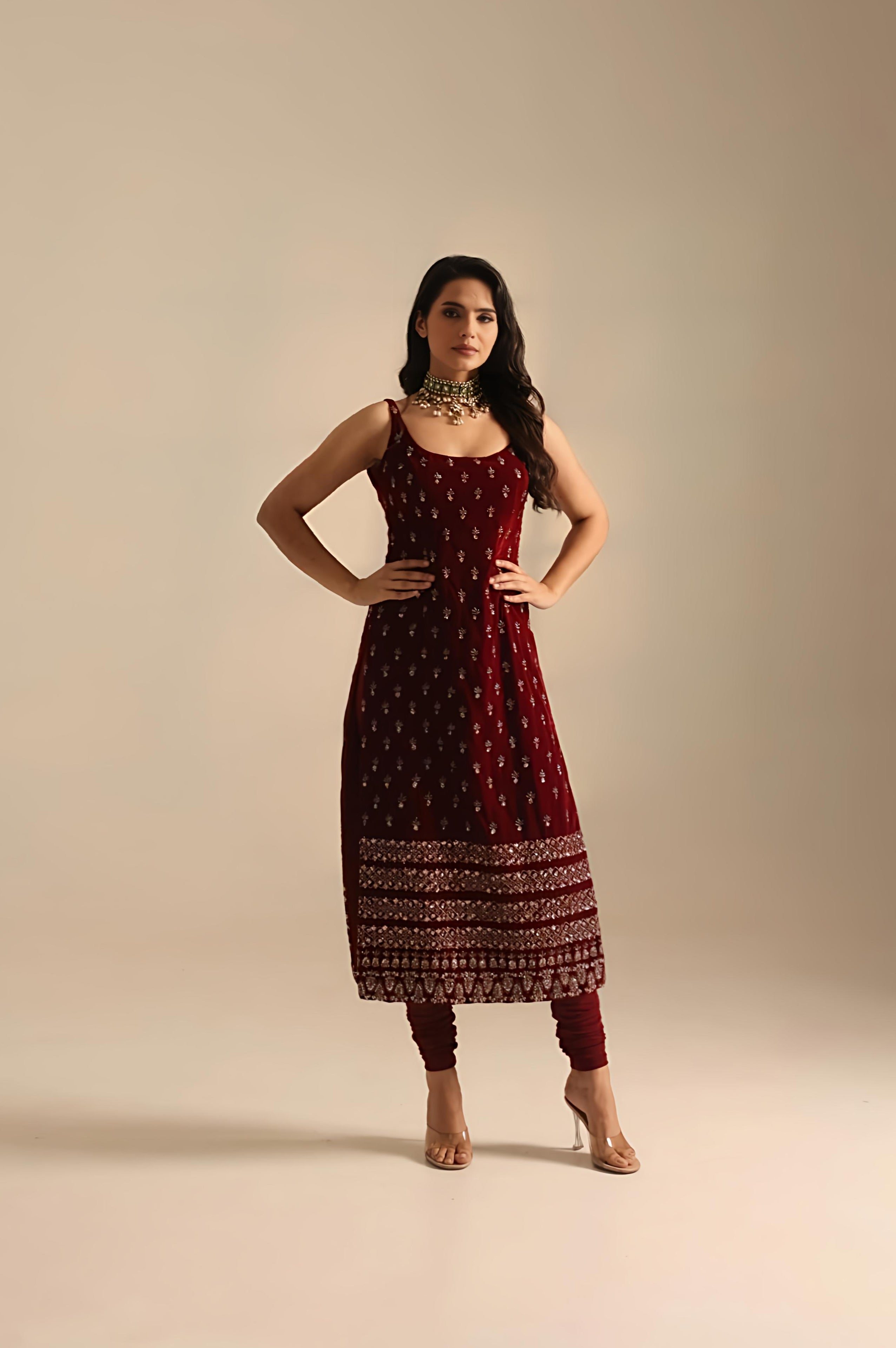 Red Heavy Booti Work Long Kurti Set