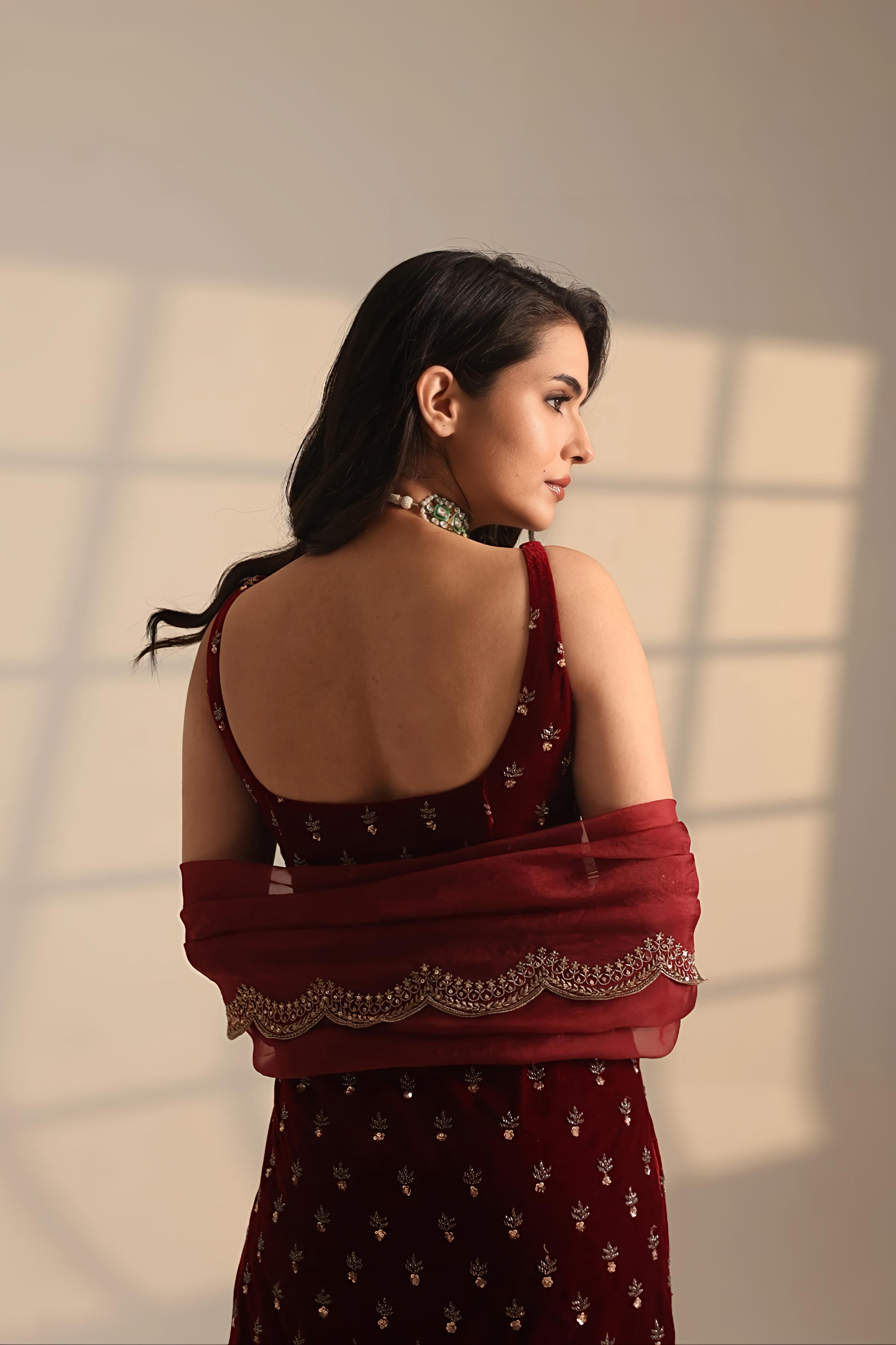 Red Heavy Booti Work Long Kurti Set