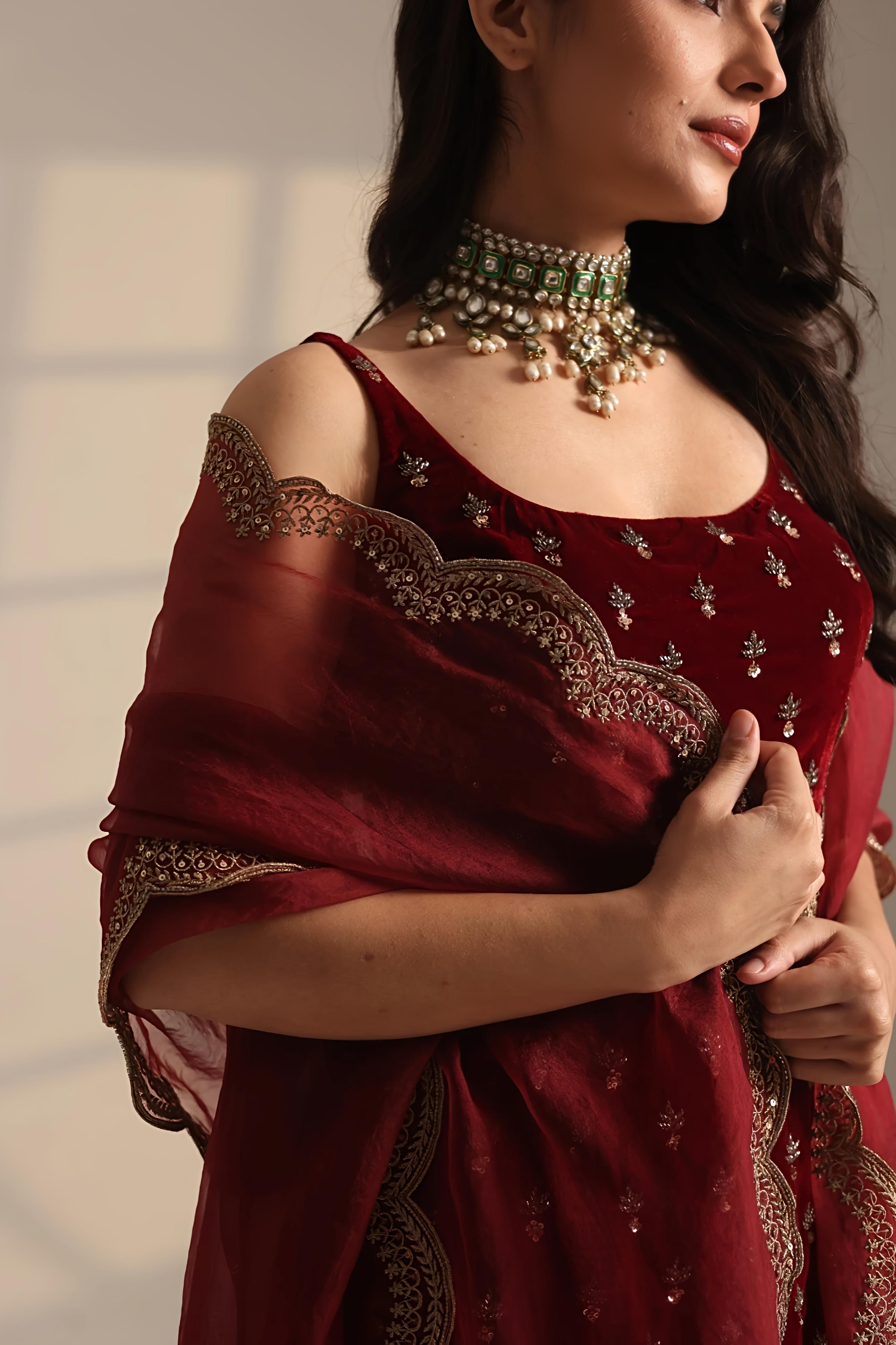 Red Heavy Booti Work Long Kurti Set