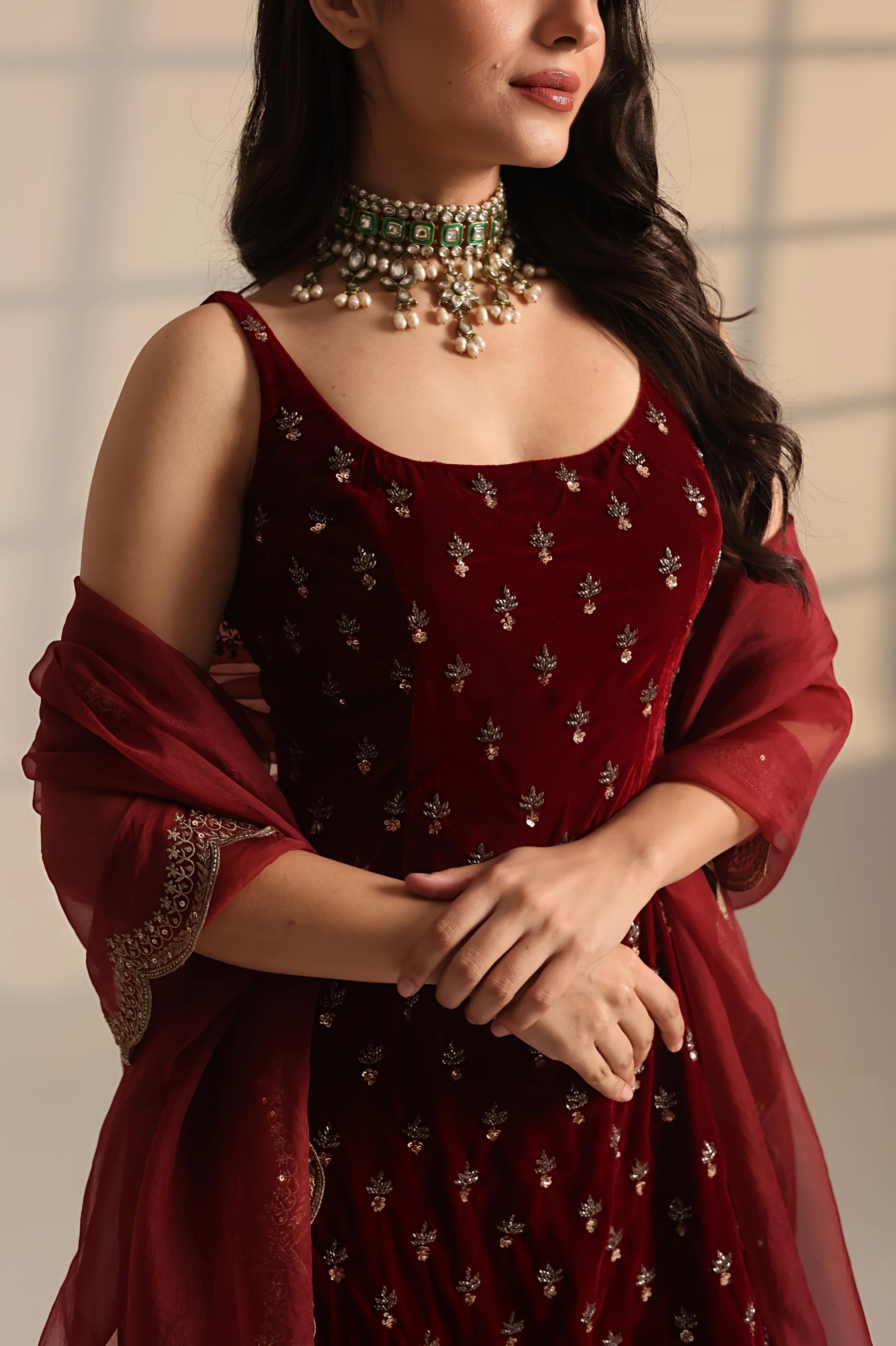Red Heavy Booti Work Long Kurti Set