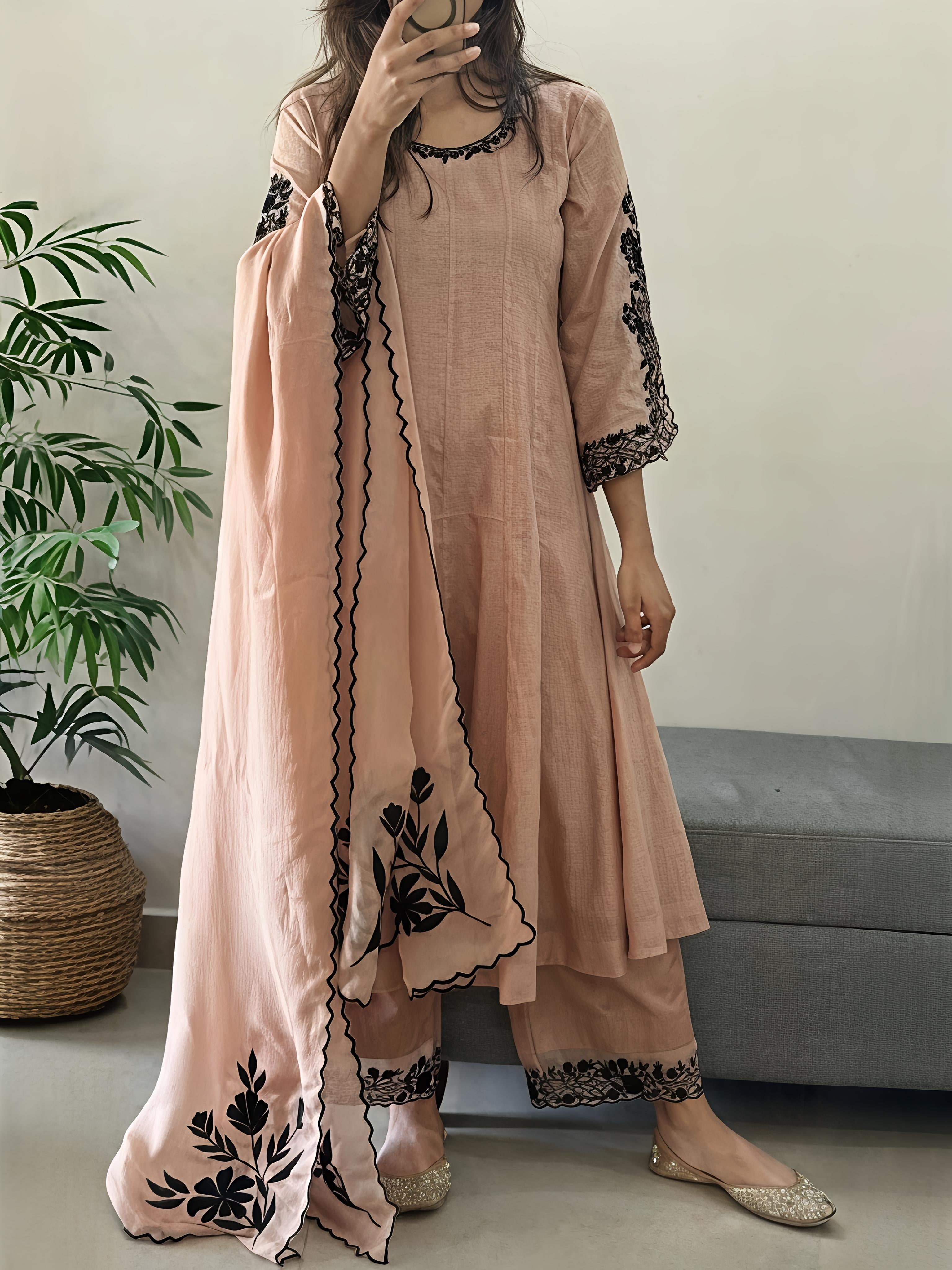 Beige Mul Chanderi Suit Set