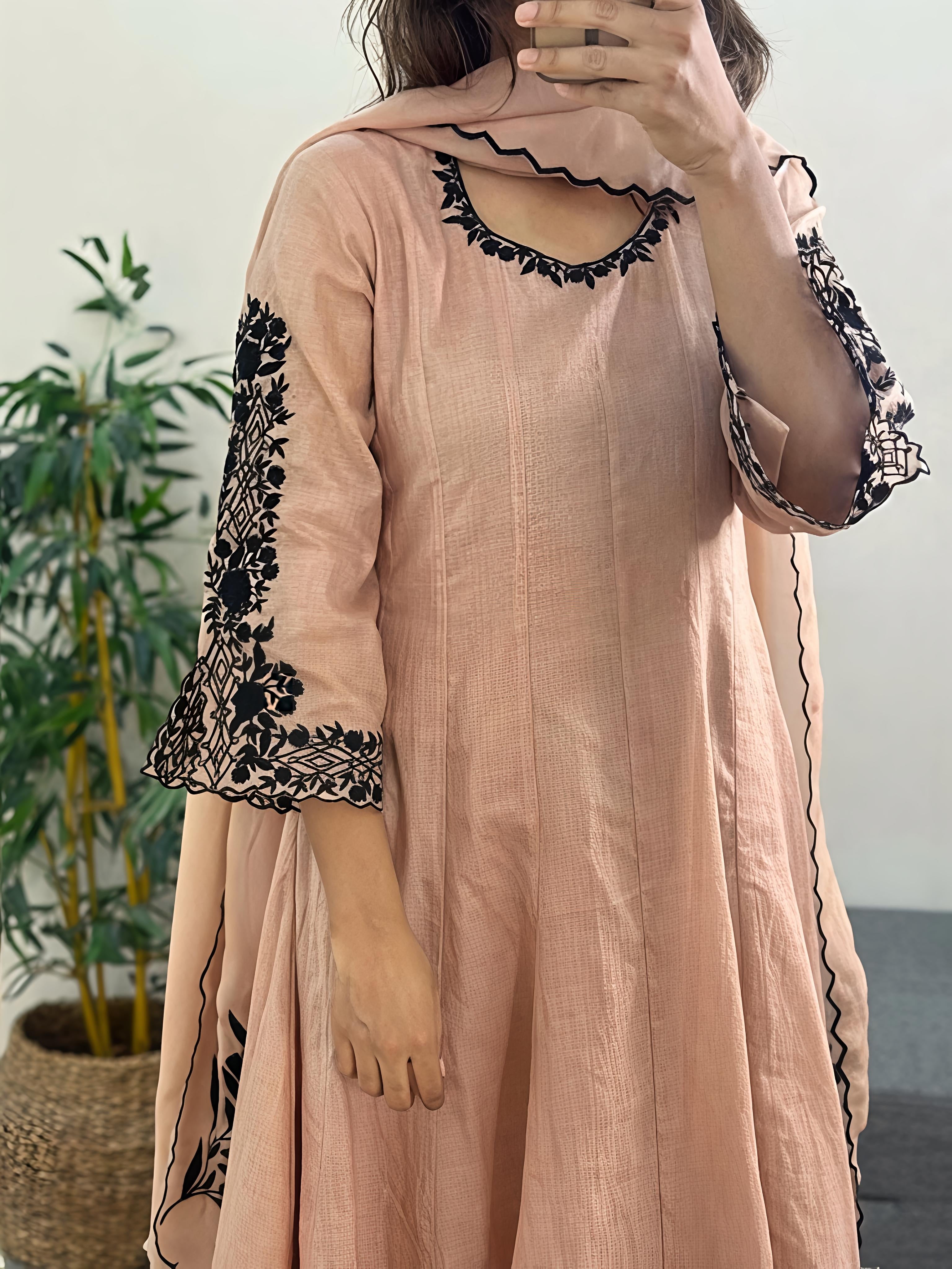 Beige Mul Chanderi Suit Set