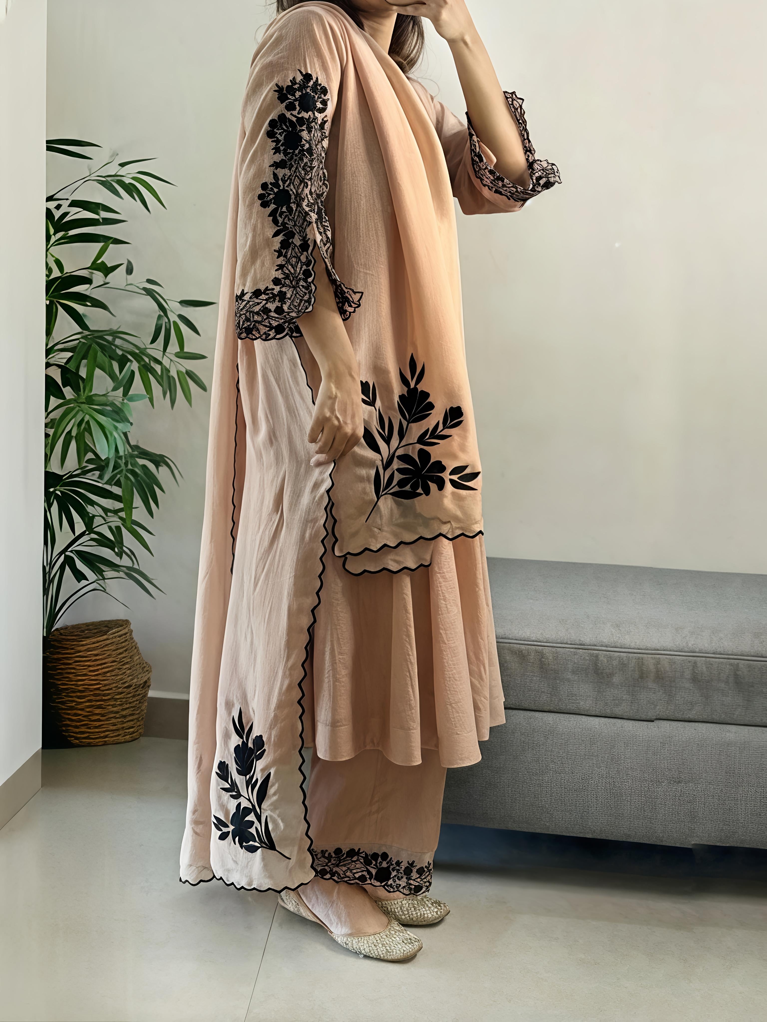 Beige Mul Chanderi Suit Set