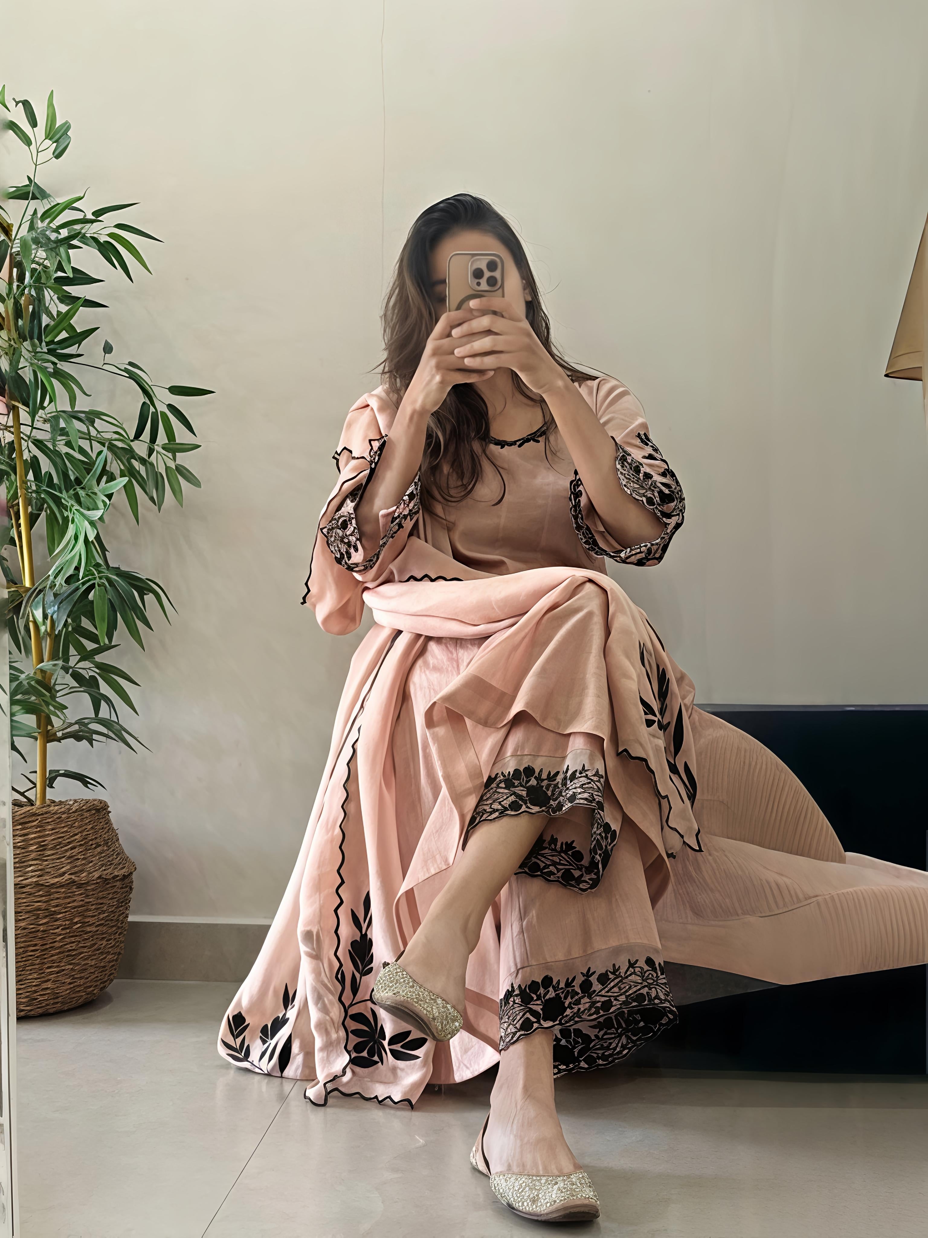 Beige Mul Chanderi Suit Set